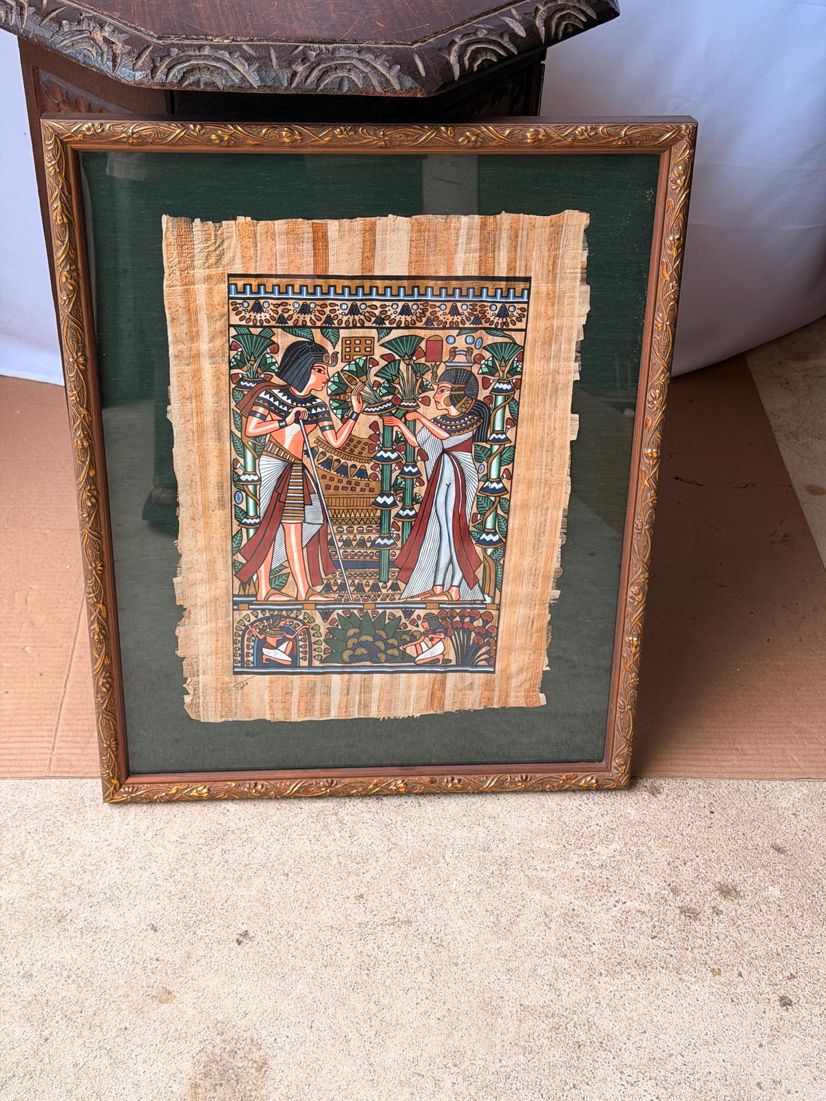 Framed Hand Painted Papyrus Painting Royal Garden Egyptian Revival Signed