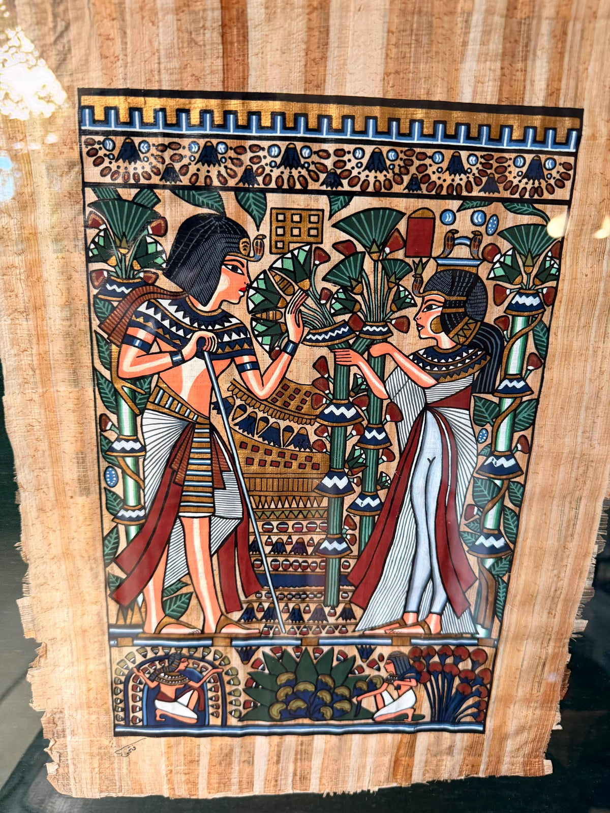Framed Hand Painted Papyrus Painting Royal Garden Egyptian Revival Signed