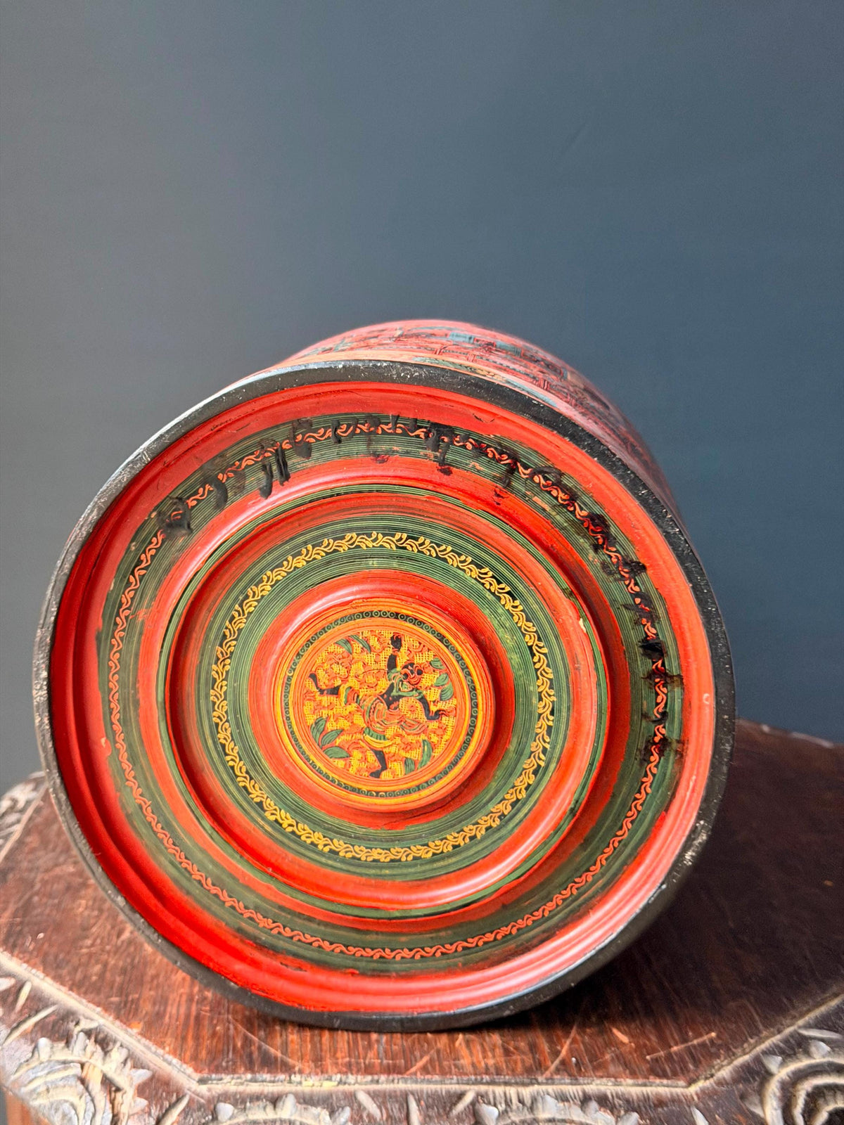 Vintage Southeast Asian Lacquerware Stacking Box Incised Narrative Vessel 9"x8"