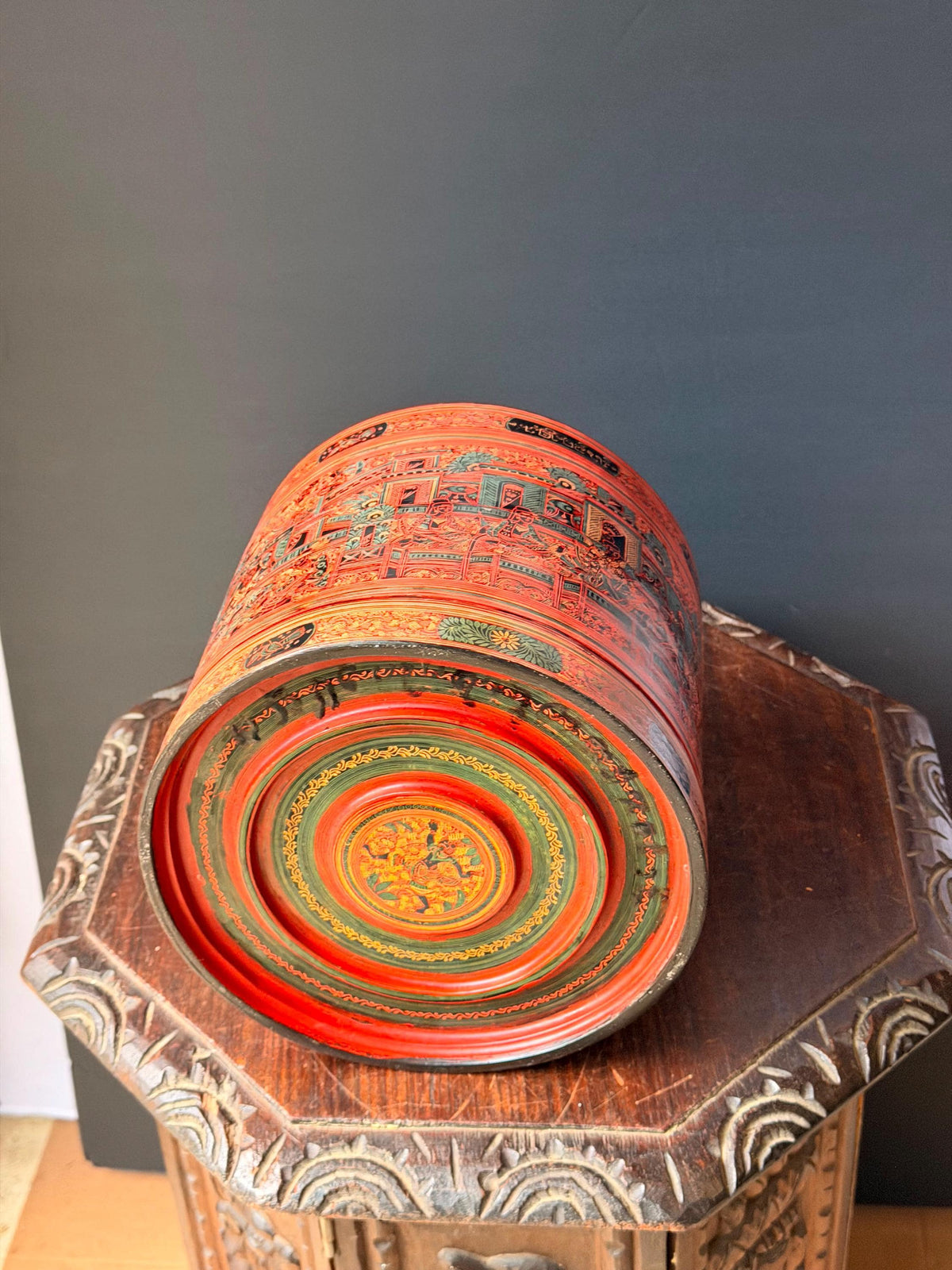 Vintage Southeast Asian Lacquerware Stacking Box Incised Narrative Vessel 9"x8"