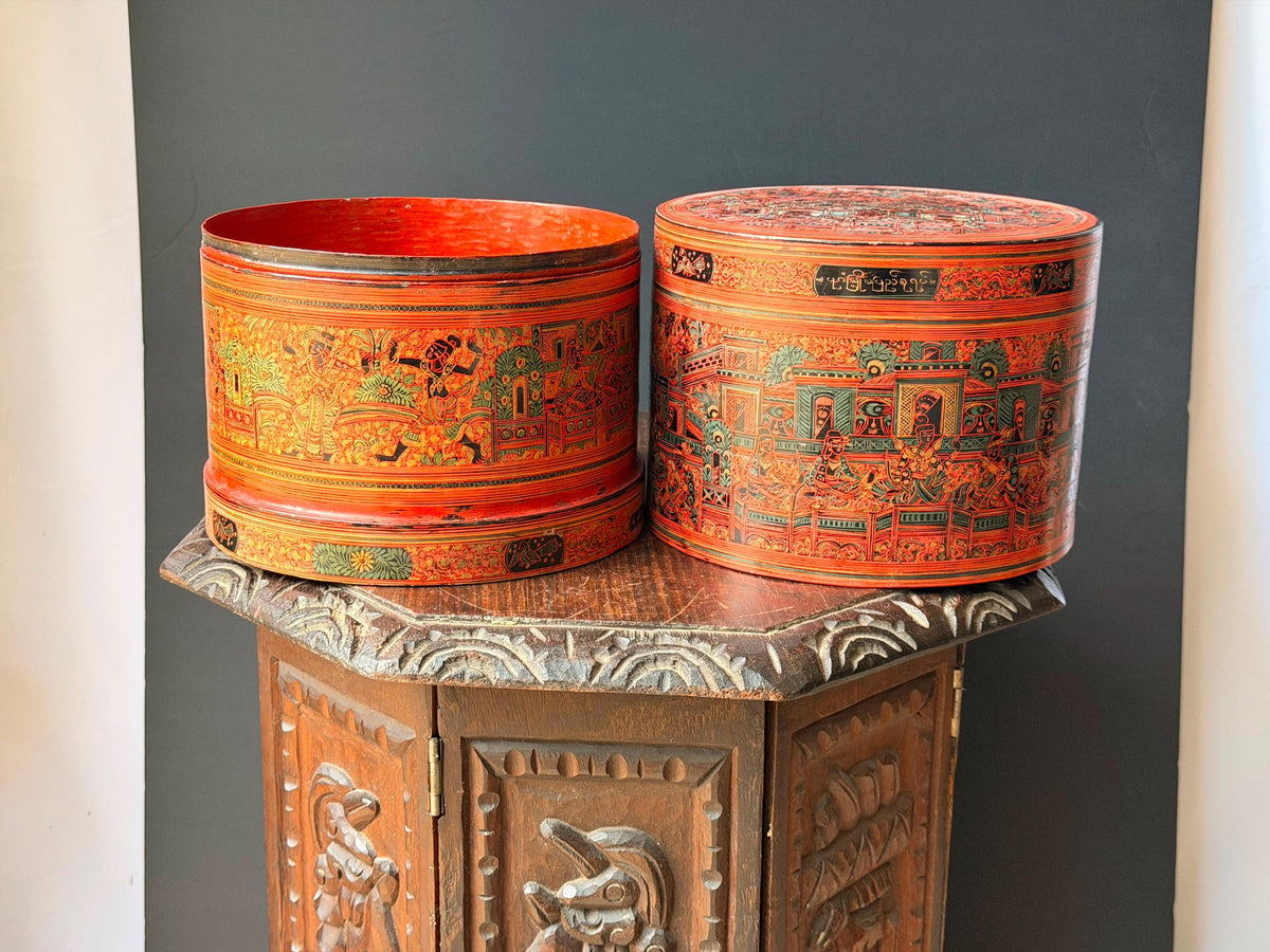 Vintage Southeast Asian Lacquerware Stacking Box Incised Narrative Vessel 9"x8"