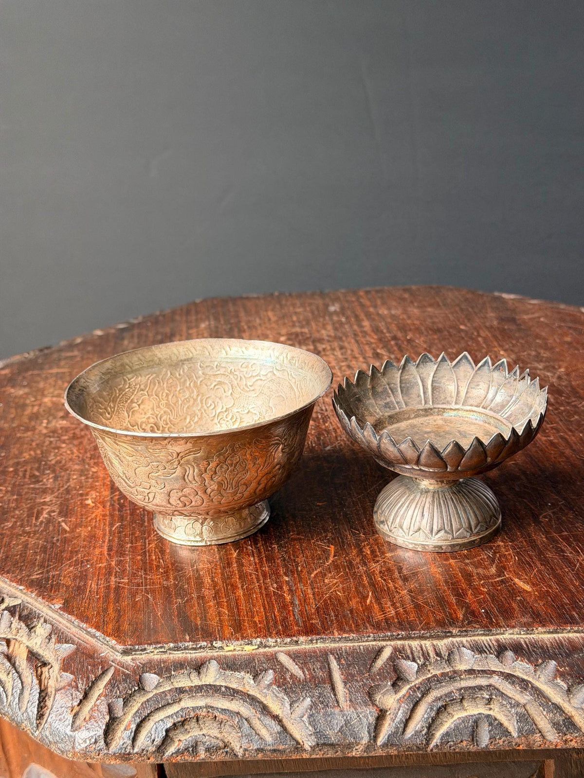Vintage Himalayan Silver Alloy Dragon Repousse Offering Bowl Lotus Pedestal Set
