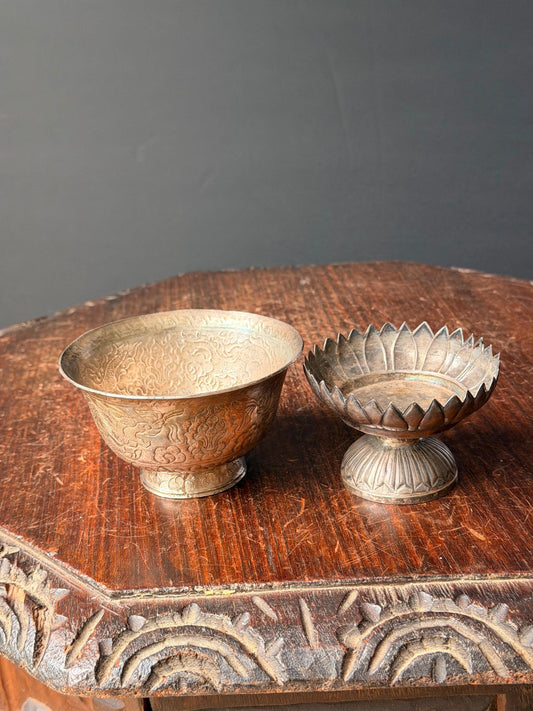 Vintage Himalayan Silver Alloy Dragon Repousse Offering Bowl Lotus Pedestal Set