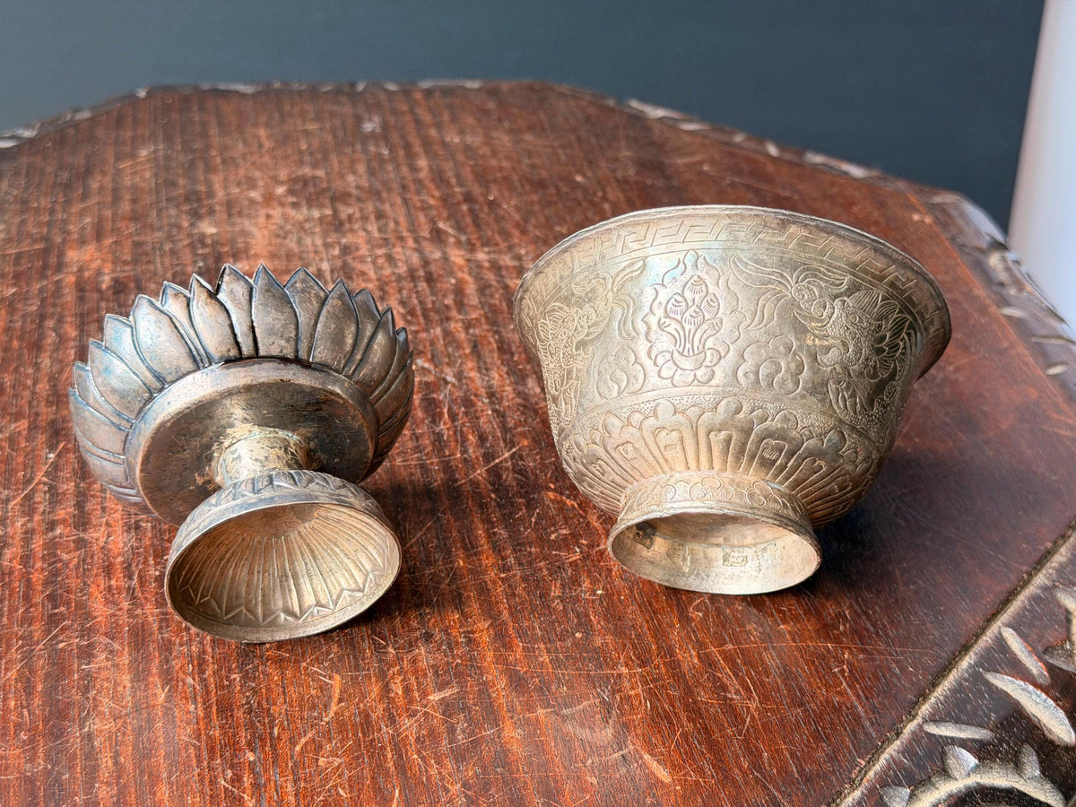 Vintage Himalayan Silver Alloy Dragon Repousse Offering Bowl Lotus Pedestal Set
