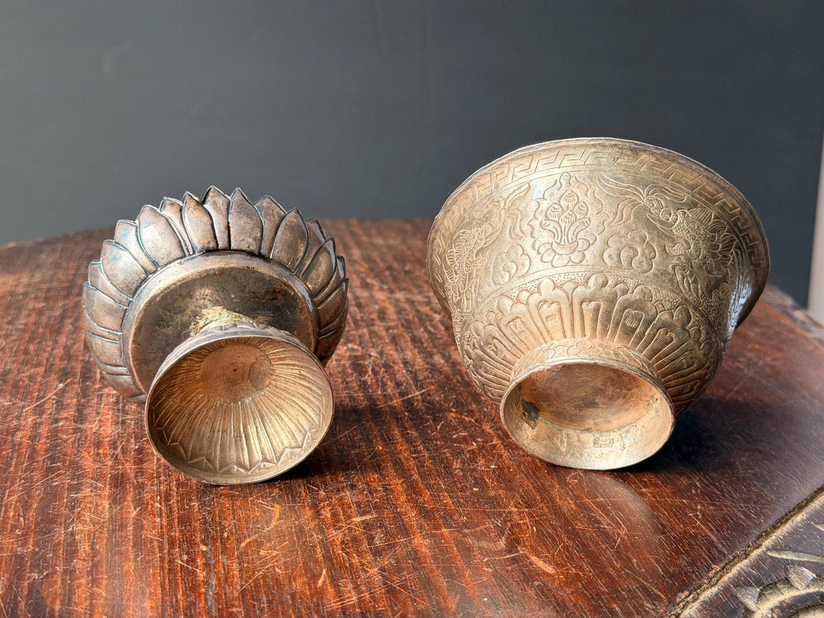Vintage Himalayan Silver Alloy Dragon Repousse Offering Bowl Lotus Pedestal Set