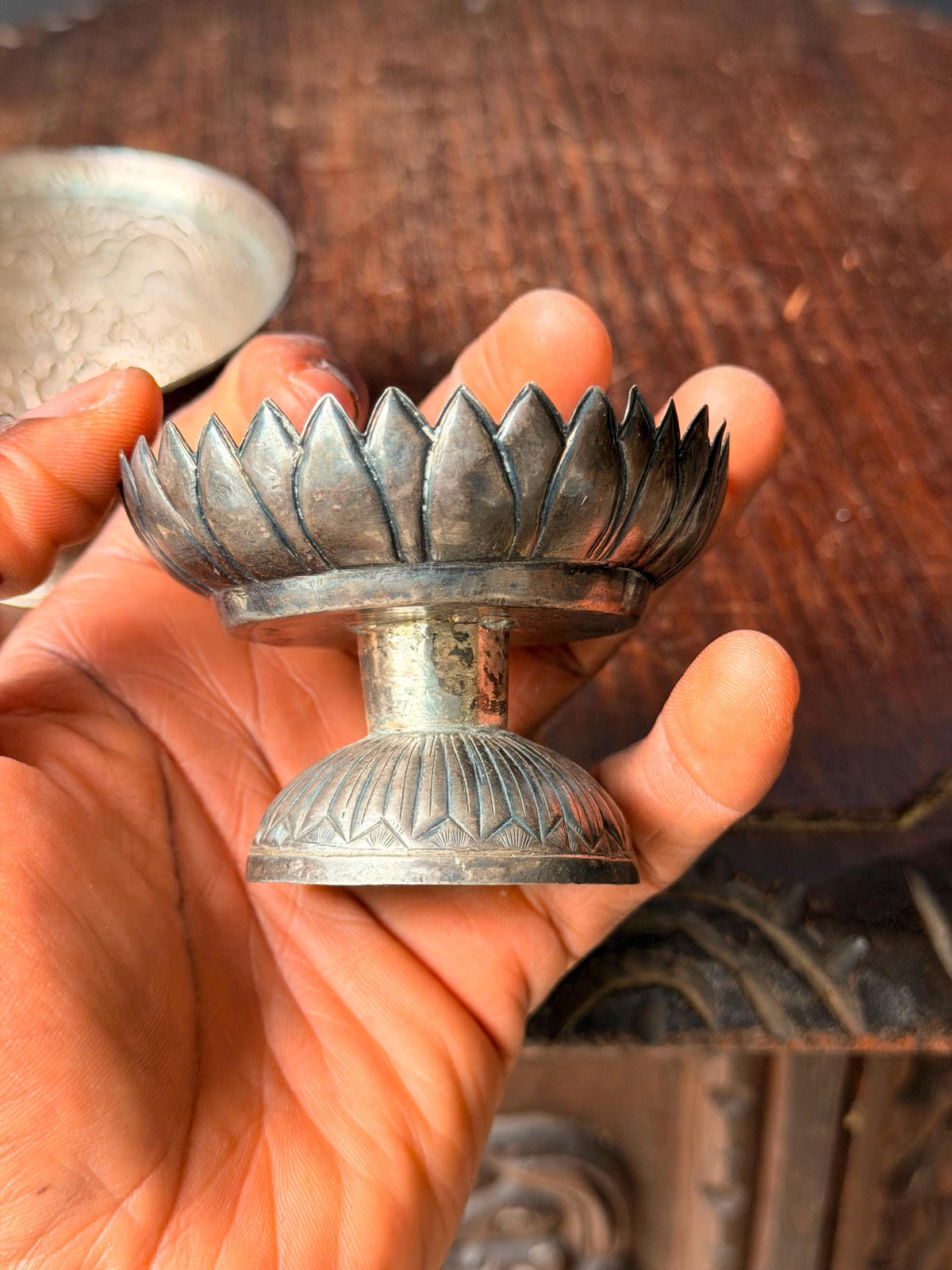 Vintage Himalayan Silver Alloy Dragon Repousse Offering Bowl Lotus Pedestal Set