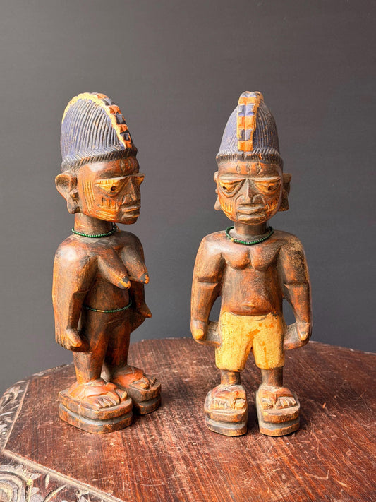 Vintage Yoruba Ere Ibeji Twin Figures Male Female Pair Carved Wood Statues