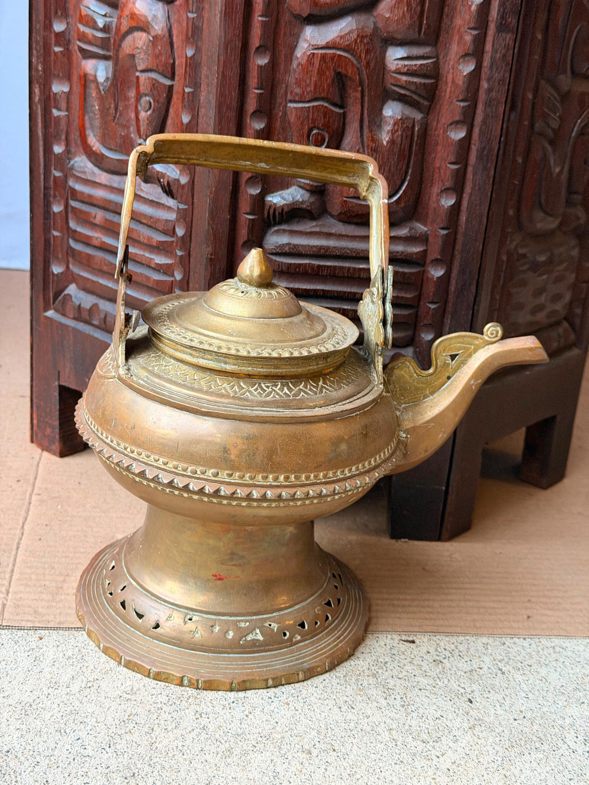 Vintage Southeast Asian Brass Kettle Pedestal Ewer Malay Maranao Water Pot