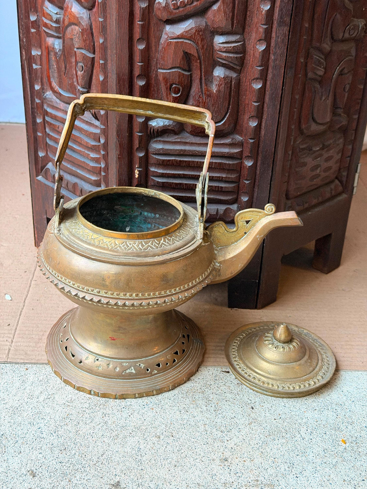 Vintage Southeast Asian Brass Kettle Pedestal Ewer Malay Maranao Water Pot