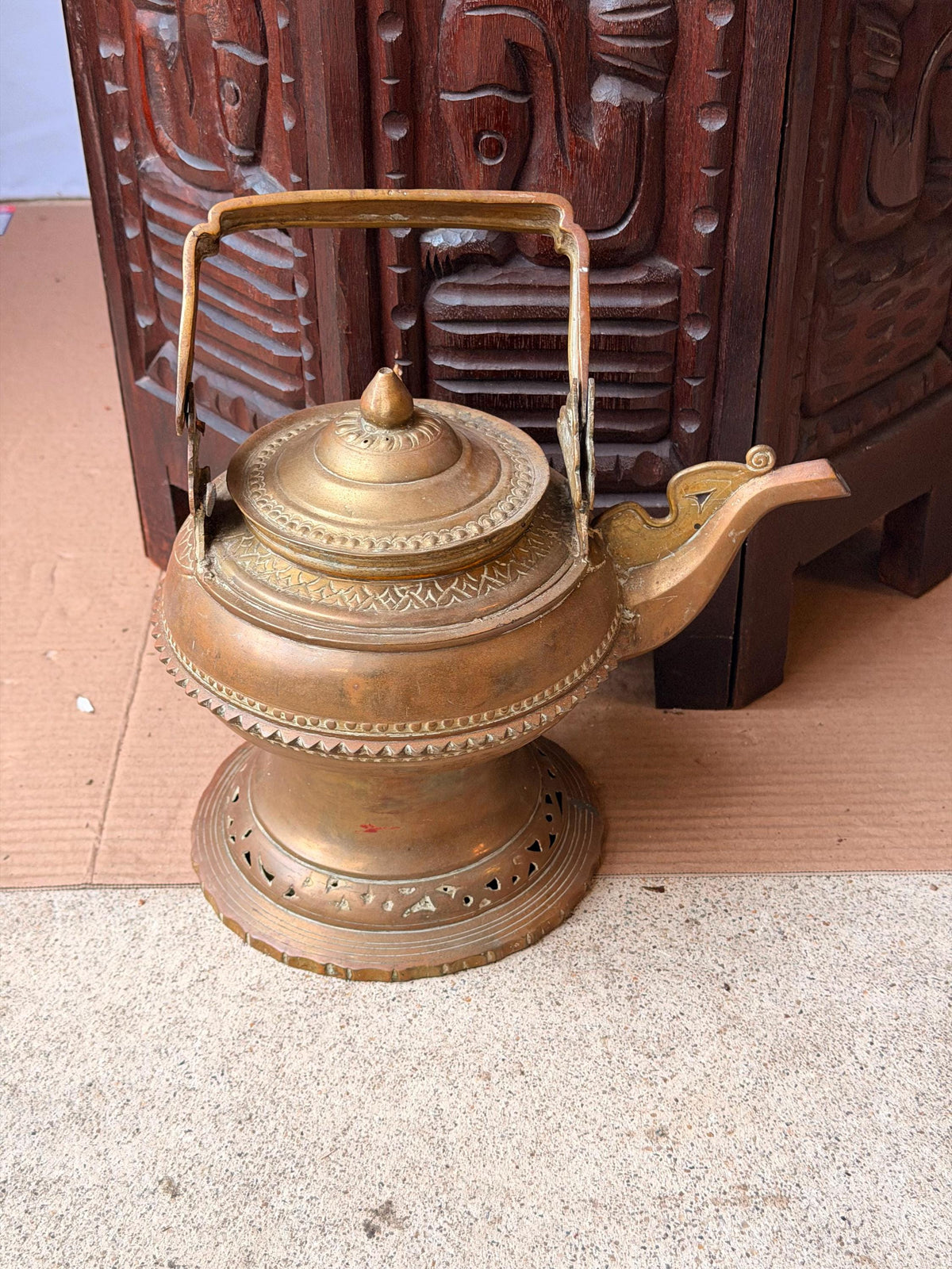 Vintage Southeast Asian Brass Kettle Pedestal Ewer Malay Maranao Water Pot