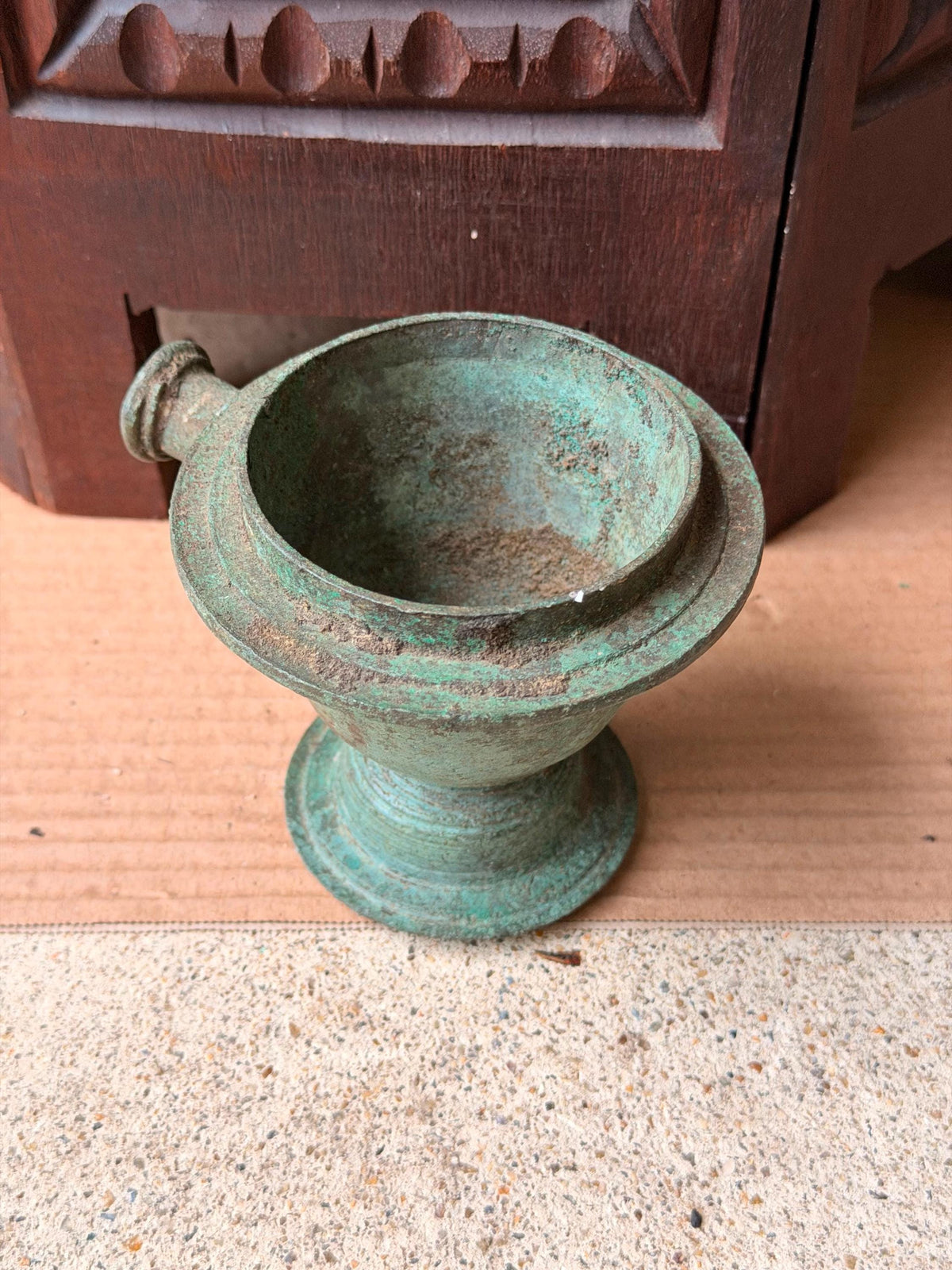 Vintage Cast Bronze Handheld Censer Ritual Incense Burner Verdigris Vessel