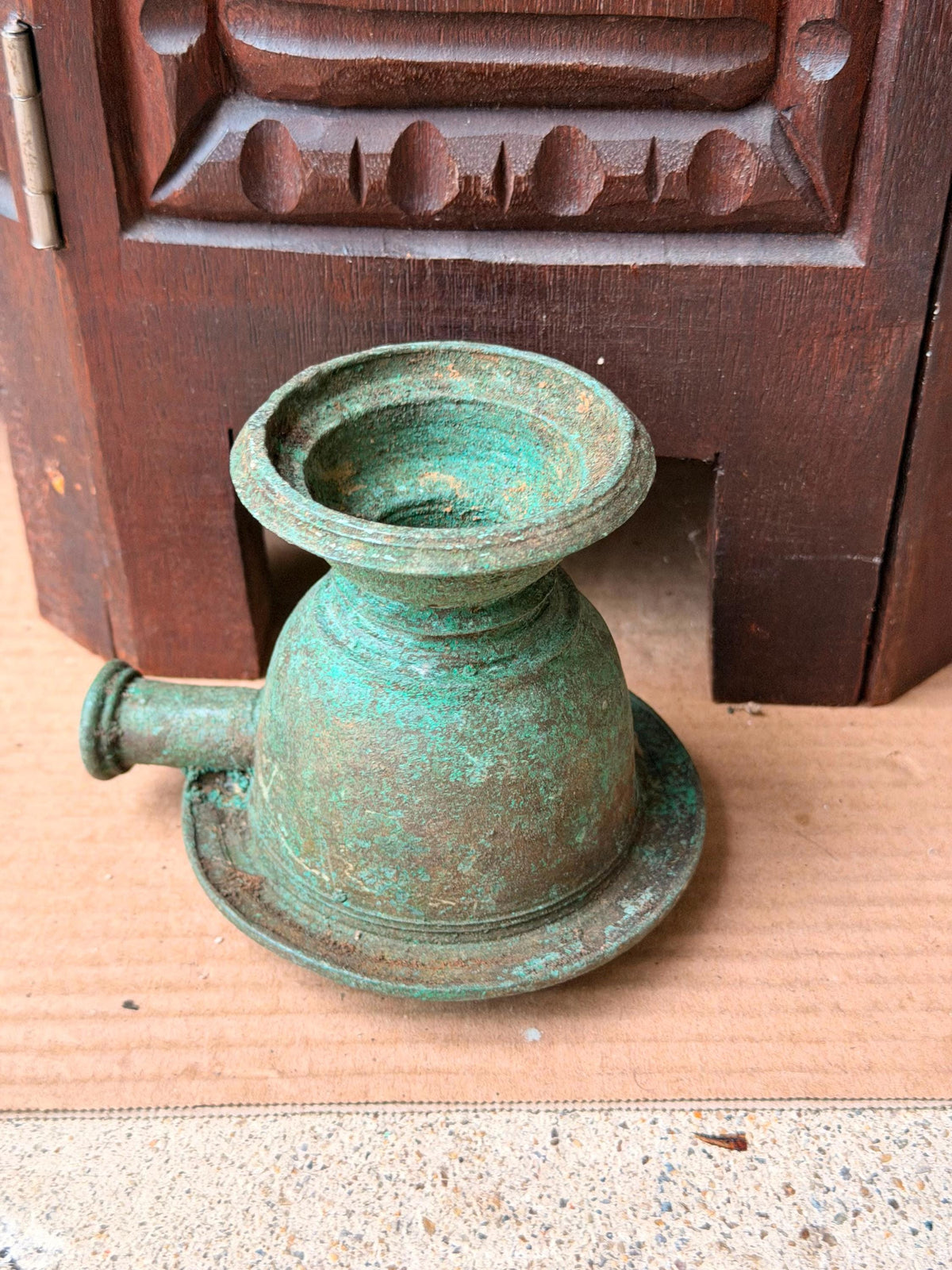 Vintage Cast Bronze Handheld Censer Ritual Incense Burner Verdigris Vessel