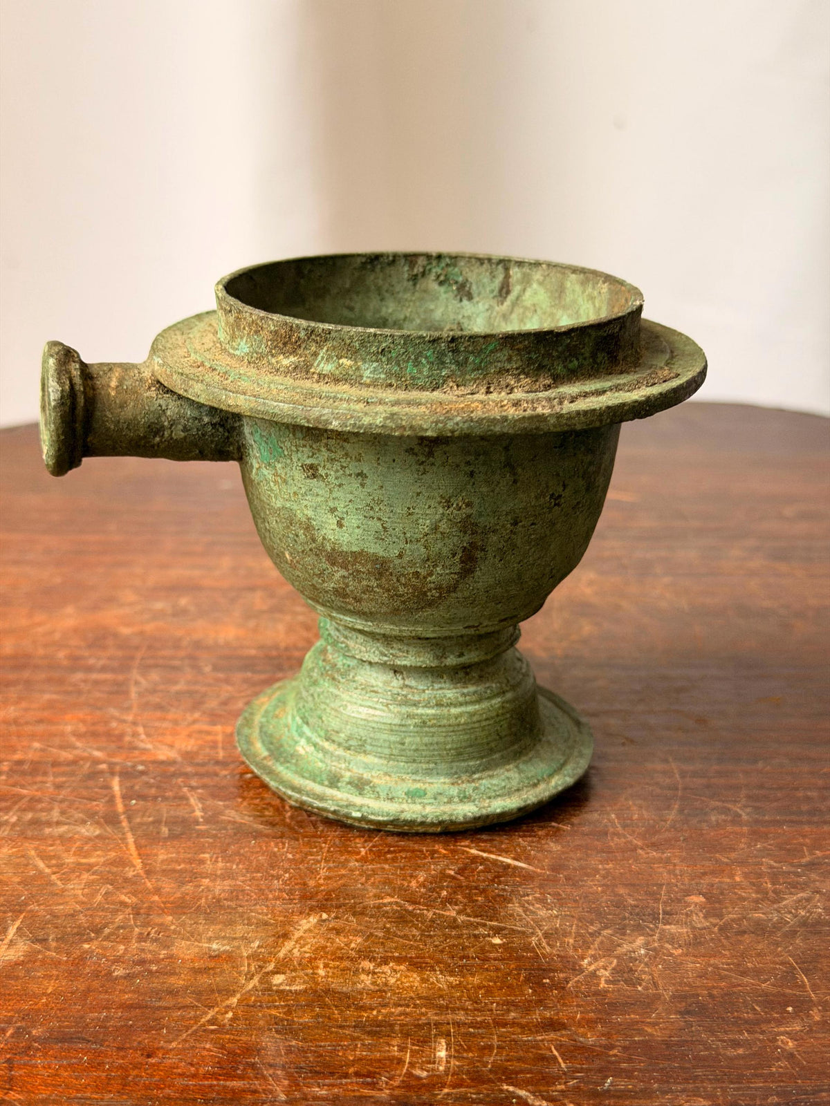 Vintage Cast Bronze Handheld Censer Ritual Incense Burner Verdigris Vessel