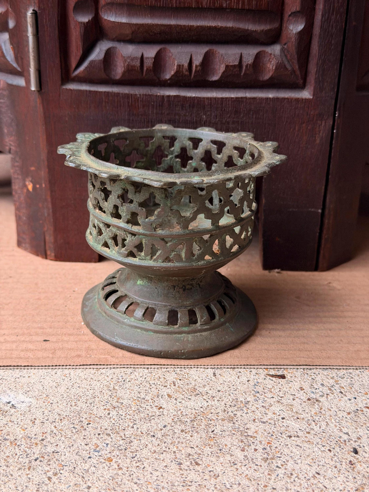 Vintage Cast Bronze Openwork Incense Burner Geometric Lattice Censer