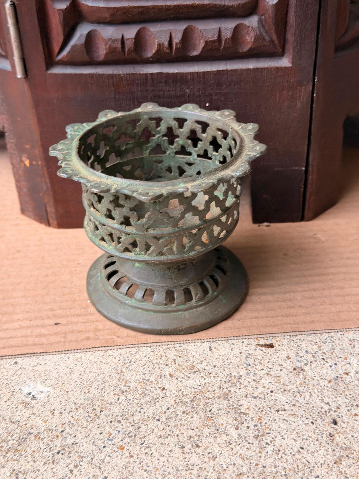 Vintage Cast Bronze Openwork Incense Burner Geometric Lattice Censer
