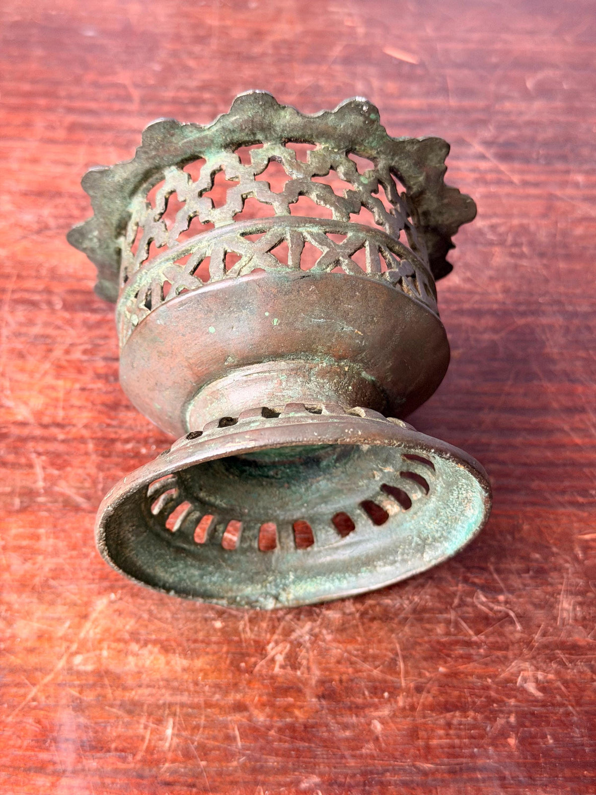 Vintage Cast Bronze Openwork Incense Burner Geometric Lattice Censer