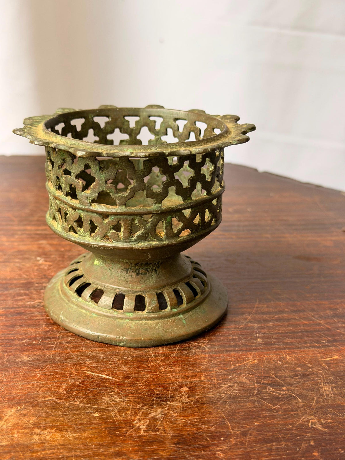 Vintage Cast Bronze Openwork Incense Burner Geometric Lattice Censer