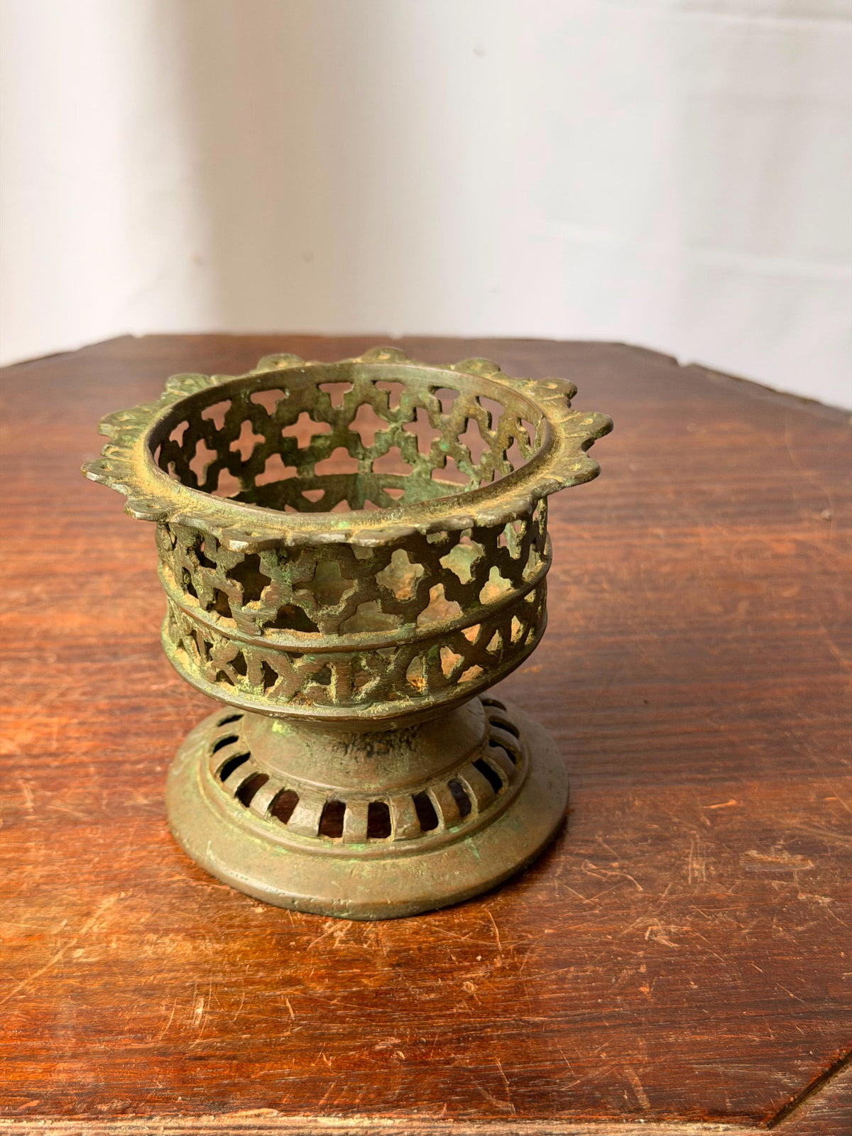 Vintage Cast Bronze Openwork Incense Burner Geometric Lattice Censer
