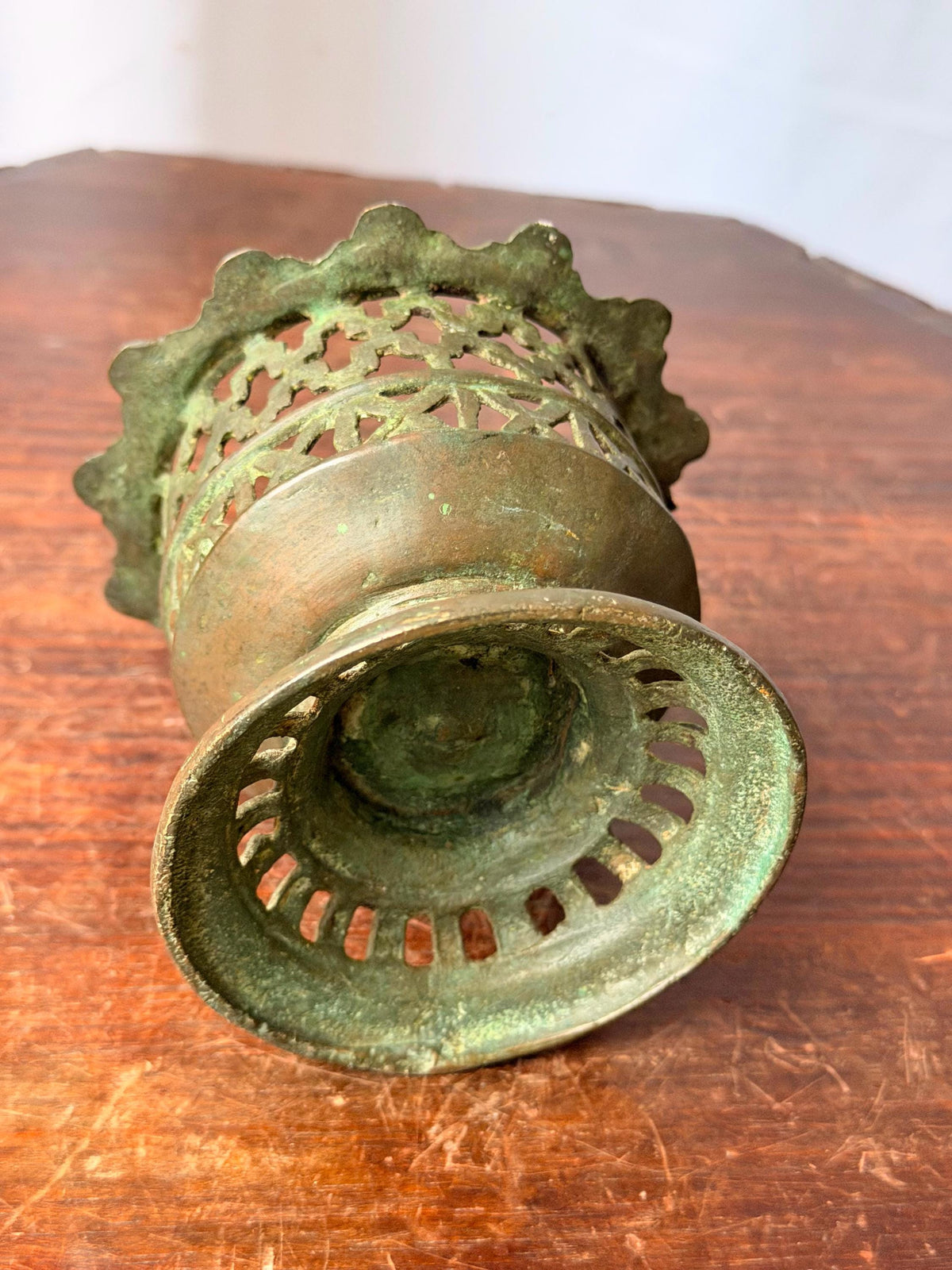 Vintage Cast Bronze Openwork Incense Burner Geometric Lattice Censer