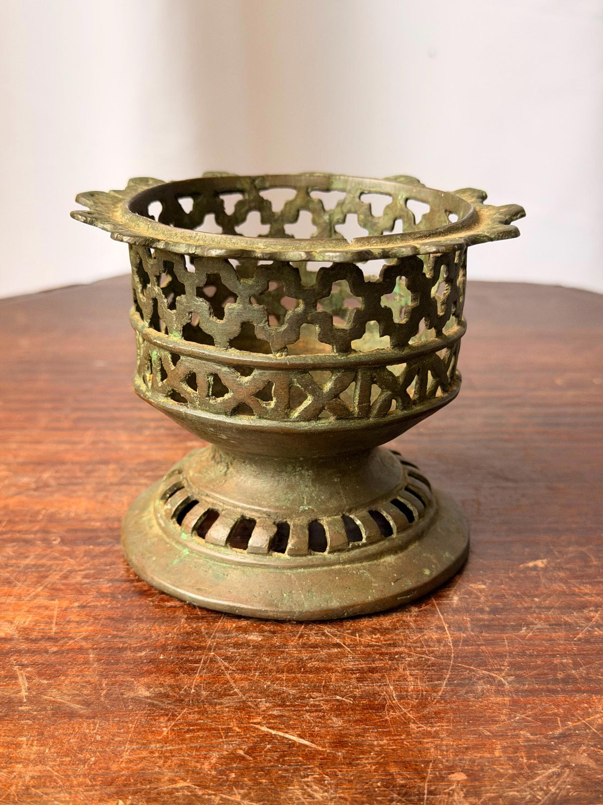 Vintage Cast Bronze Openwork Incense Burner Geometric Lattice Censer