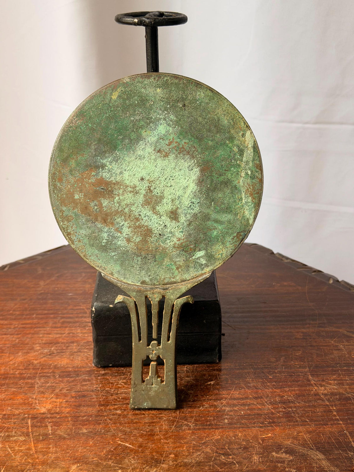 Vintage Cast Bronze Hand Mirror Ritual Vanity Reflective Disc Verdigris Accent