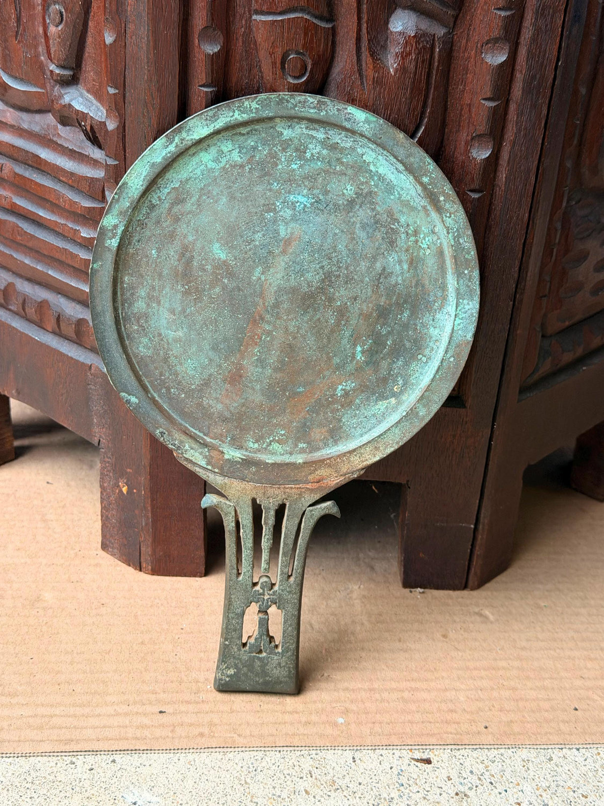 Vintage Cast Bronze Hand Mirror Ritual Vanity Reflective Disc Verdigris Accent