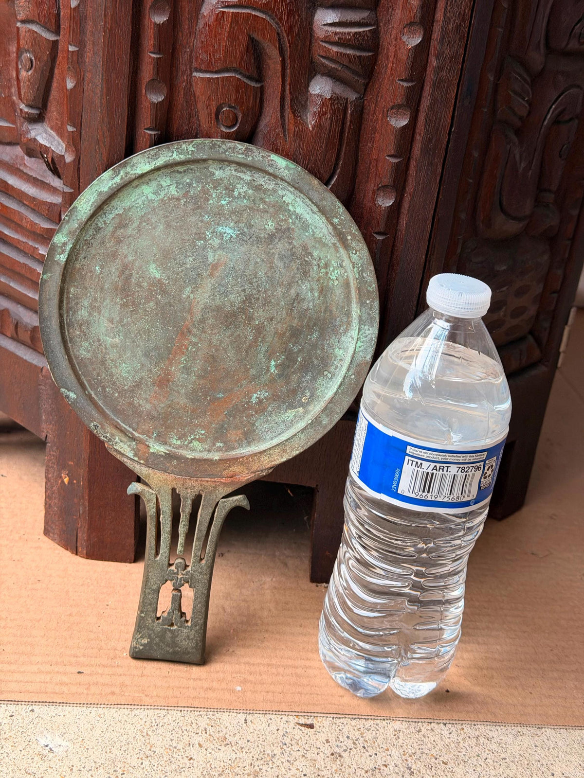 Vintage Cast Bronze Hand Mirror Ritual Vanity Reflective Disc Verdigris Accent