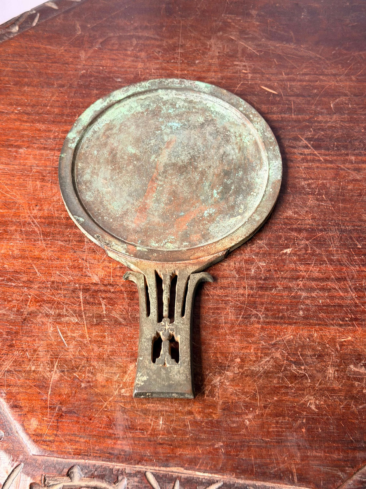 Vintage Cast Bronze Hand Mirror Ritual Vanity Reflective Disc Verdigris Accent