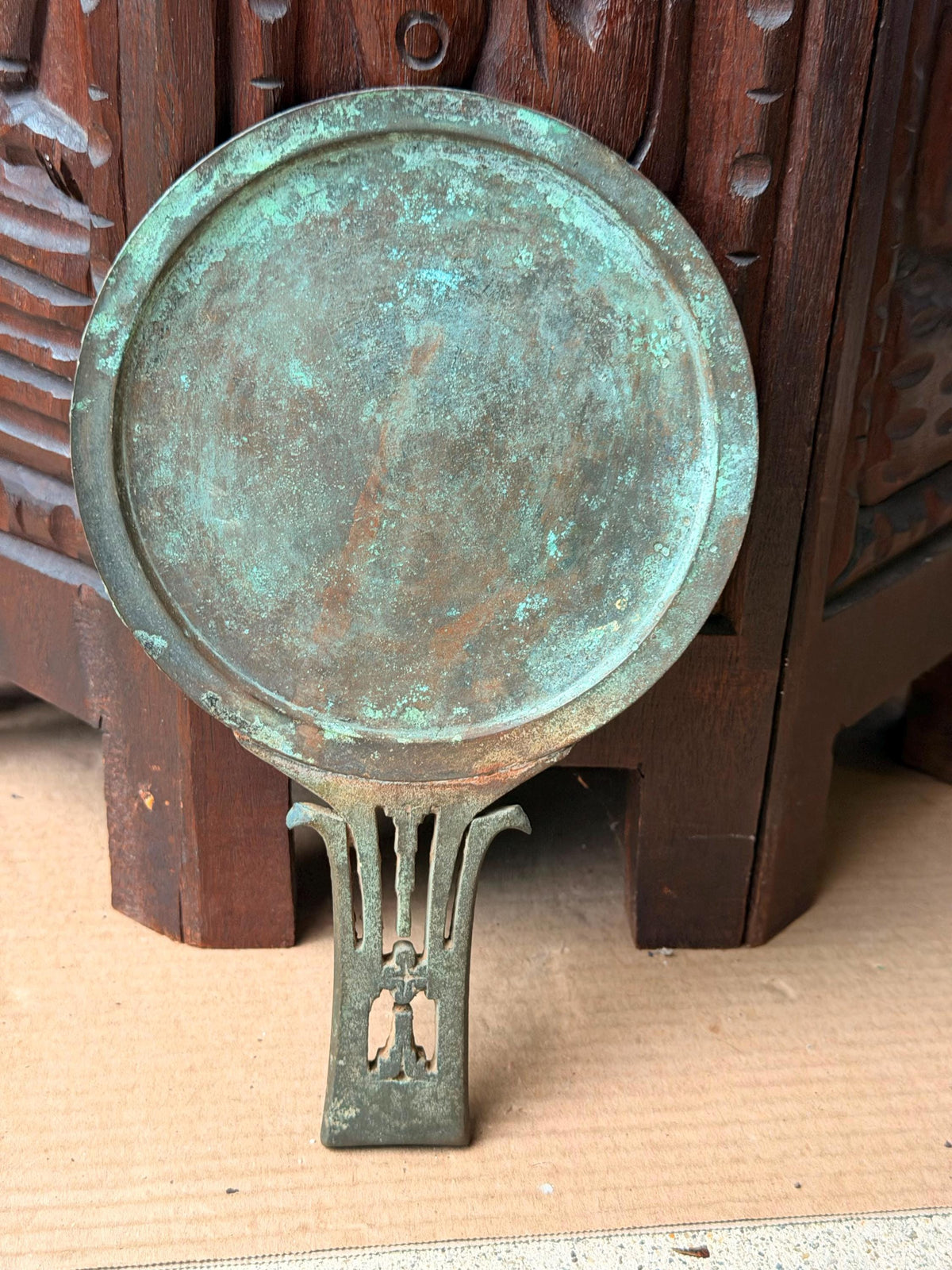 Vintage Cast Bronze Hand Mirror Ritual Vanity Reflective Disc Verdigris Accent