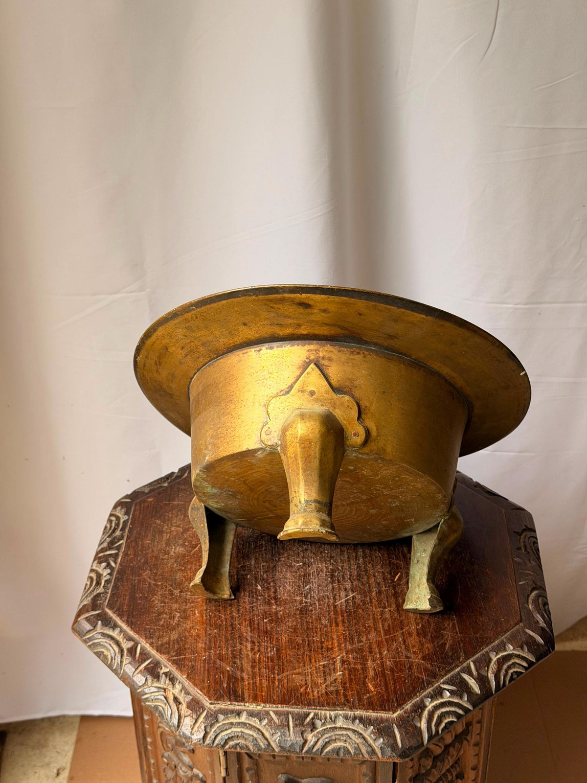 Vintage Cast Brass Tripod Basin 13.5" Wide Footed Centerpiece Vessel Urli