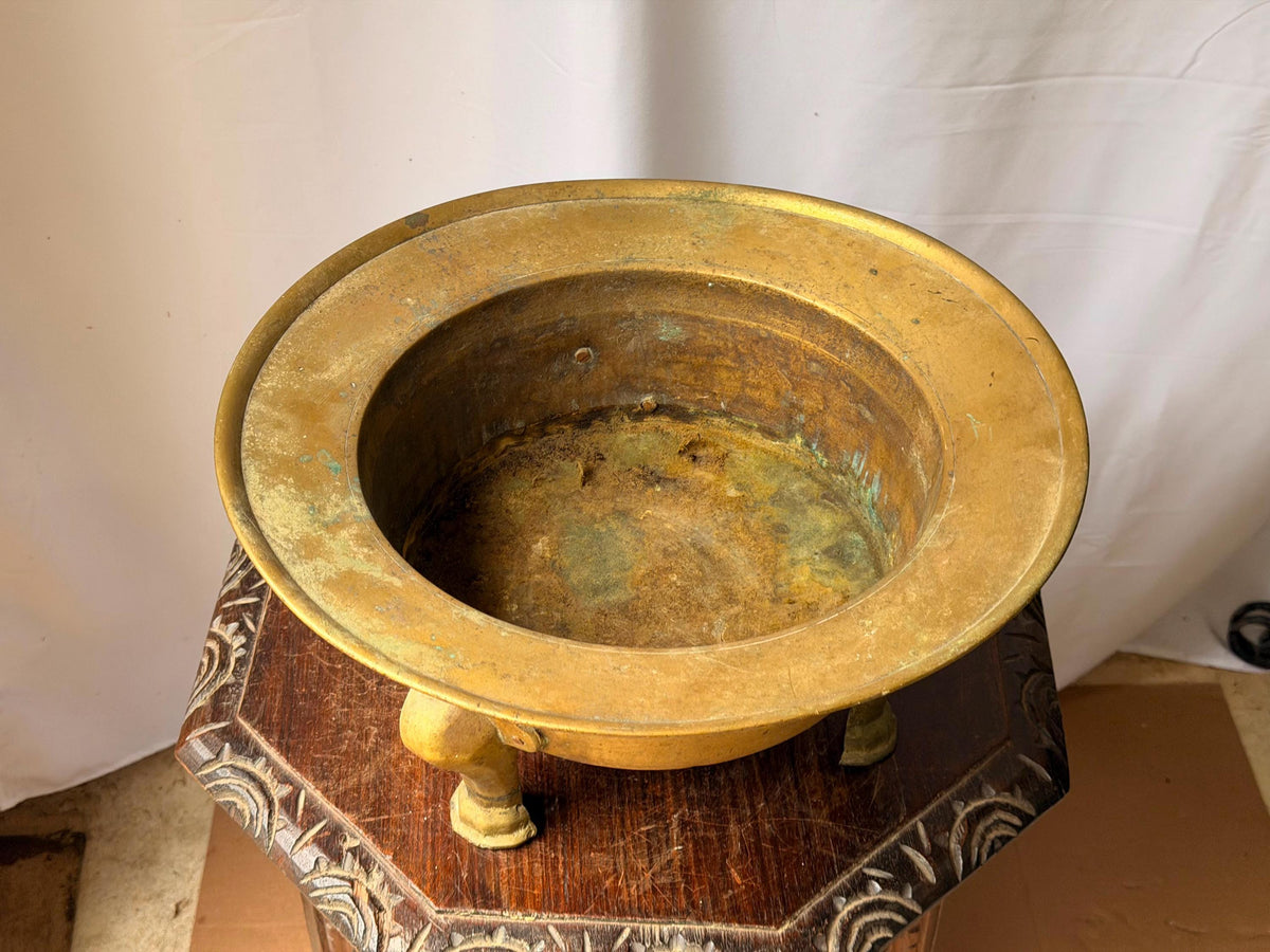 Vintage Cast Brass Tripod Basin 13.5" Wide Footed Centerpiece Vessel Urli