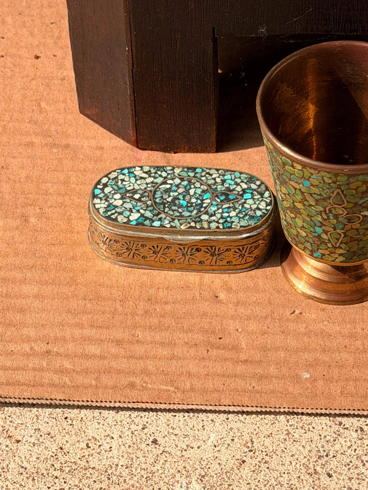 Vintage Brass Turquoise Mosaic Inlay Trinket Box Goblet Set India Folk Art