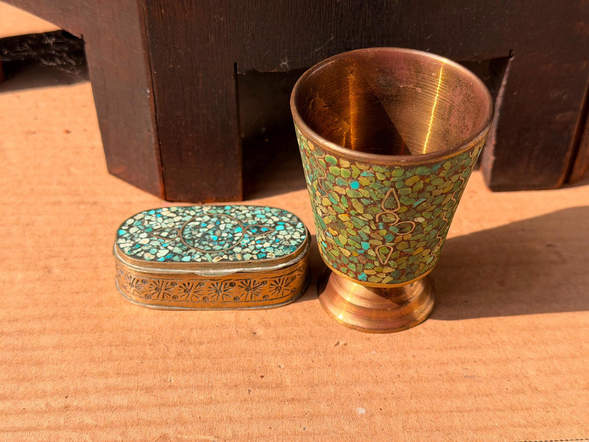 Vintage Brass Turquoise Mosaic Inlay Trinket Box Goblet Set India Folk Art