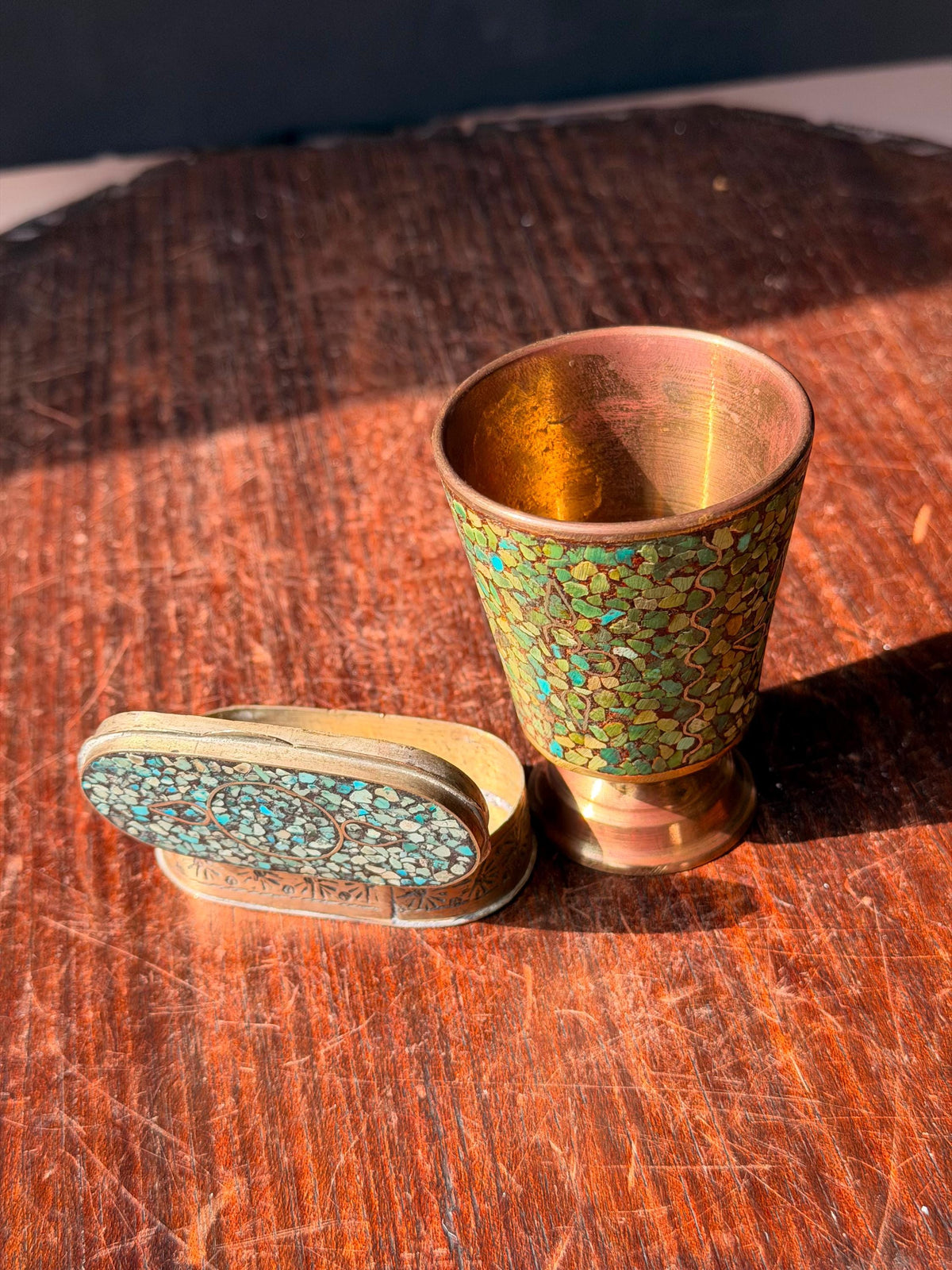 Vintage Brass Turquoise Mosaic Inlay Trinket Box Goblet Set India Folk Art