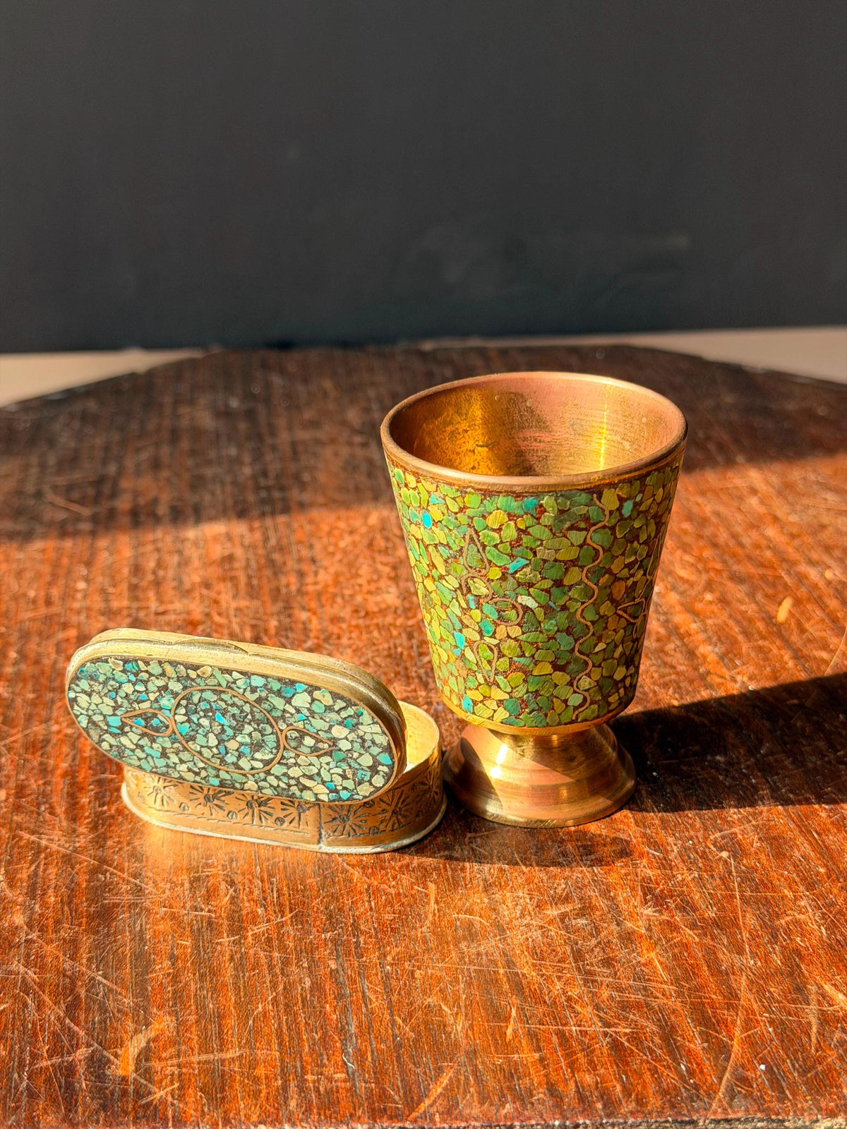 Vintage Brass Turquoise Mosaic Inlay Trinket Box Goblet Set India Folk Art