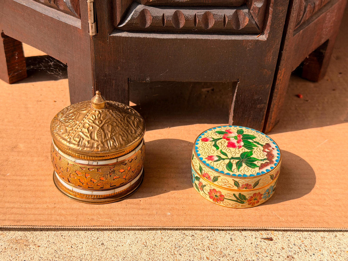 Vintage Brass Mother of Pearl Box & Floral Cloisonne Enamel Trinket Dish Set