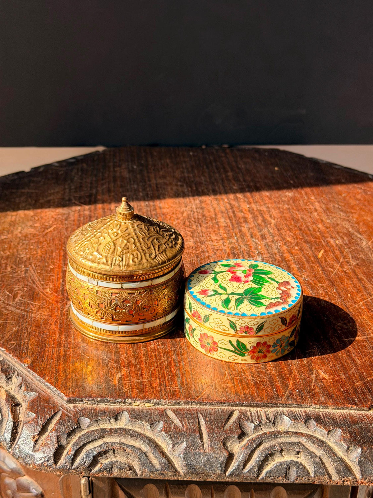 Vintage Brass Mother of Pearl Box & Floral Cloisonne Enamel Trinket Dish Set