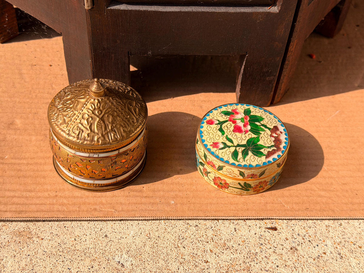 Vintage Brass Mother of Pearl Box & Floral Cloisonne Enamel Trinket Dish Set