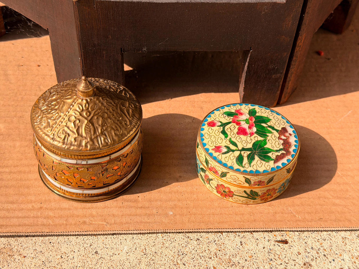 Vintage Brass Mother of Pearl Box & Floral Cloisonne Enamel Trinket Dish Set