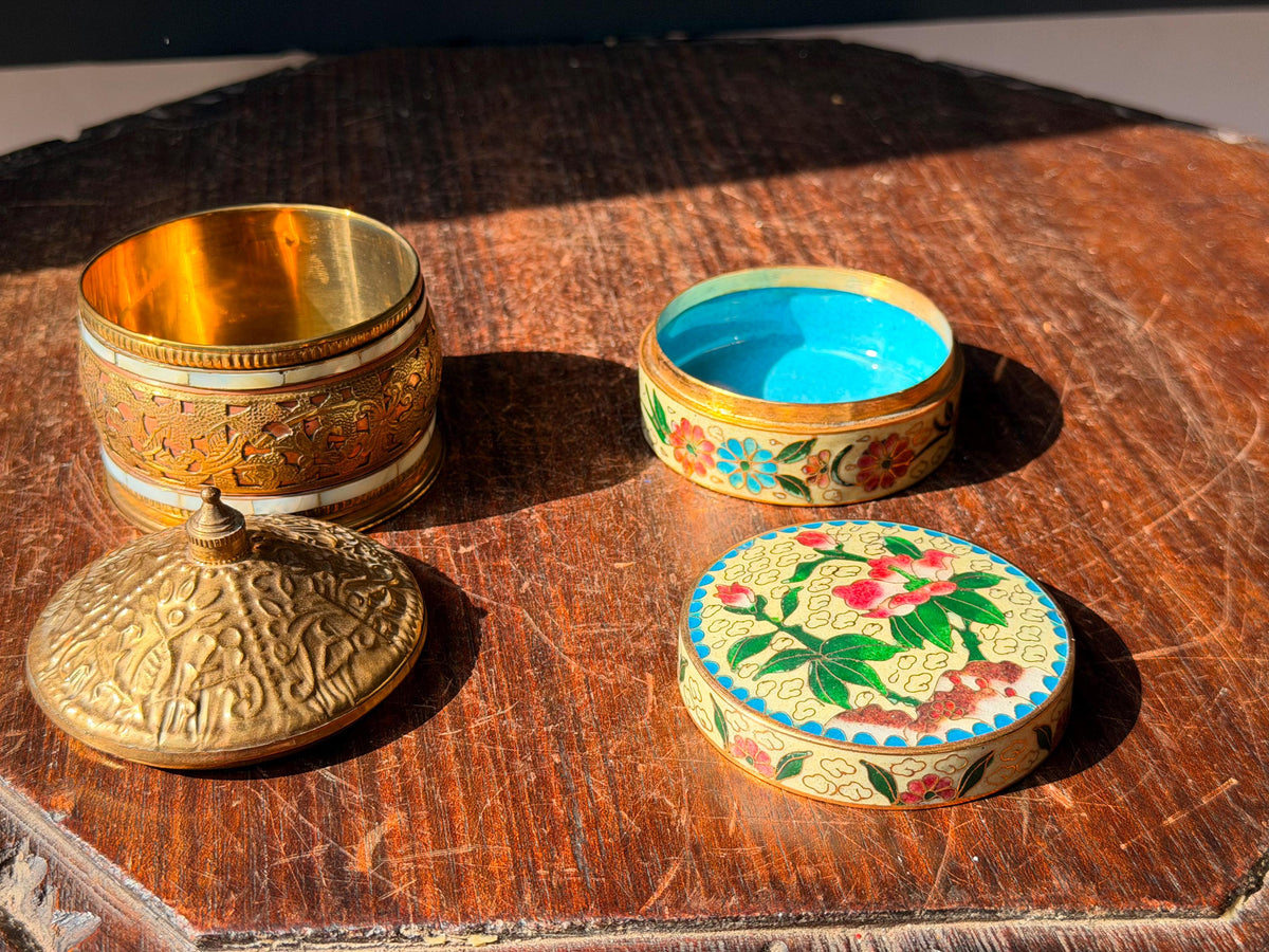 Vintage Brass Mother of Pearl Box & Floral Cloisonne Enamel Trinket Dish Set