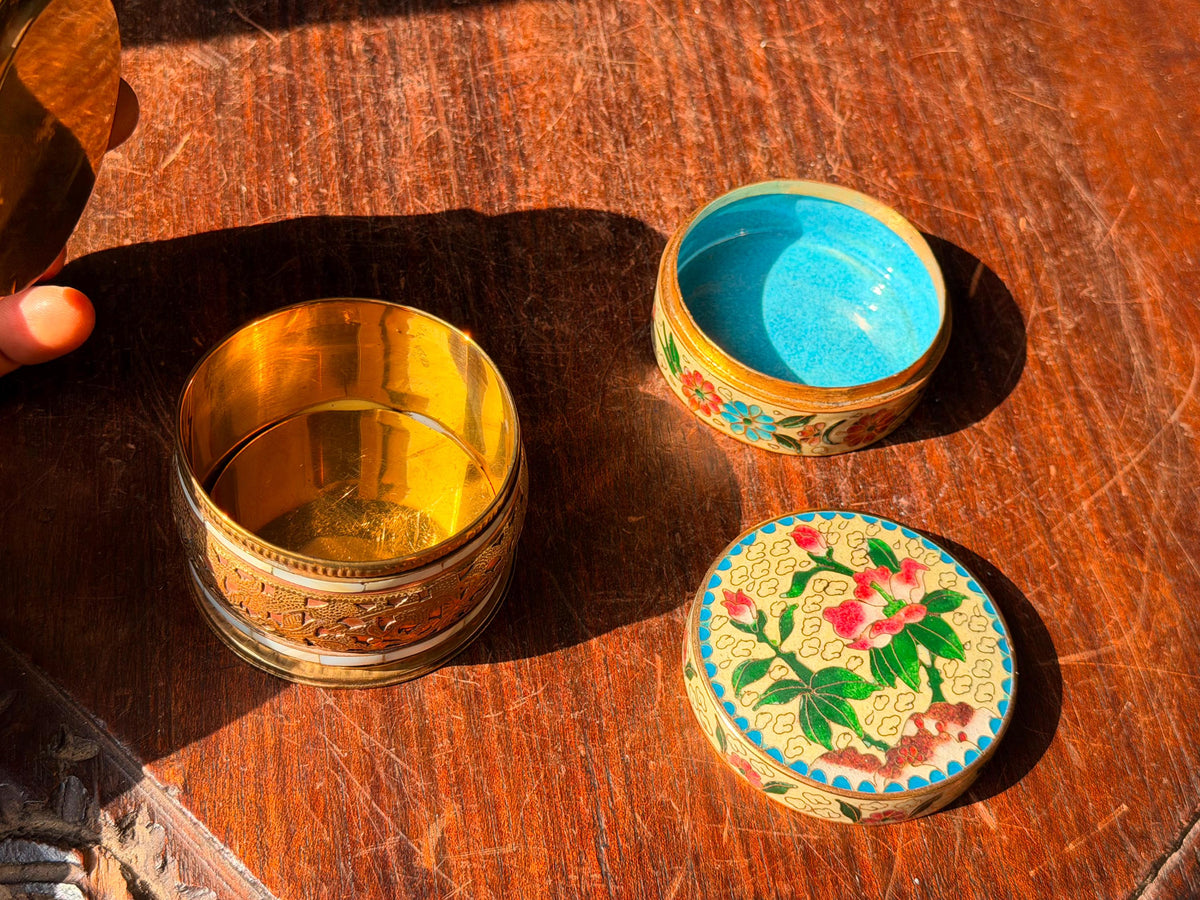 Vintage Brass Mother of Pearl Box & Floral Cloisonne Enamel Trinket Dish Set