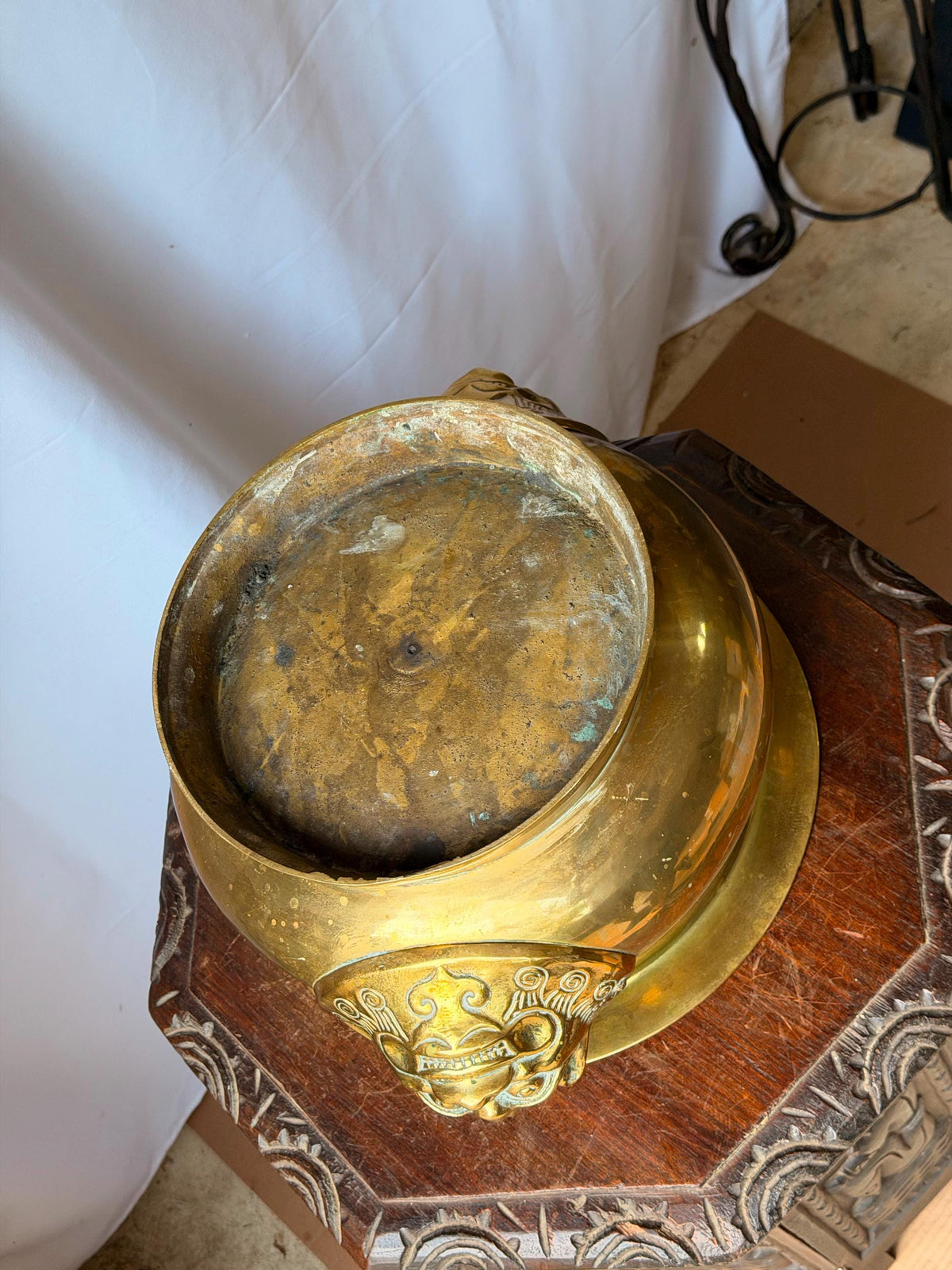 Vintage Cast Brass Beast Mask Censer Basin Large Planter Cachepot 15.5"