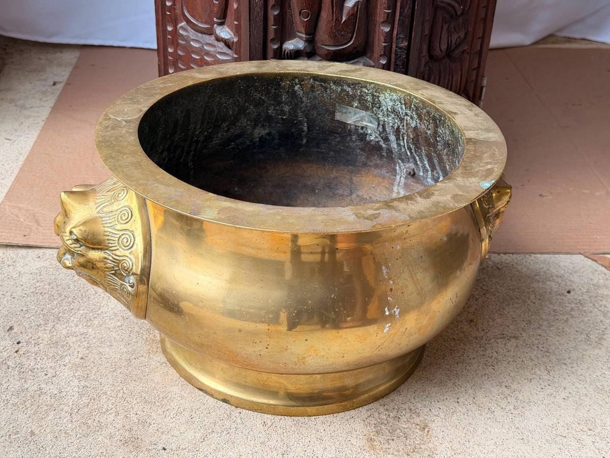 Vintage Cast Brass Beast Mask Censer Basin Large Planter Cachepot 15.5"