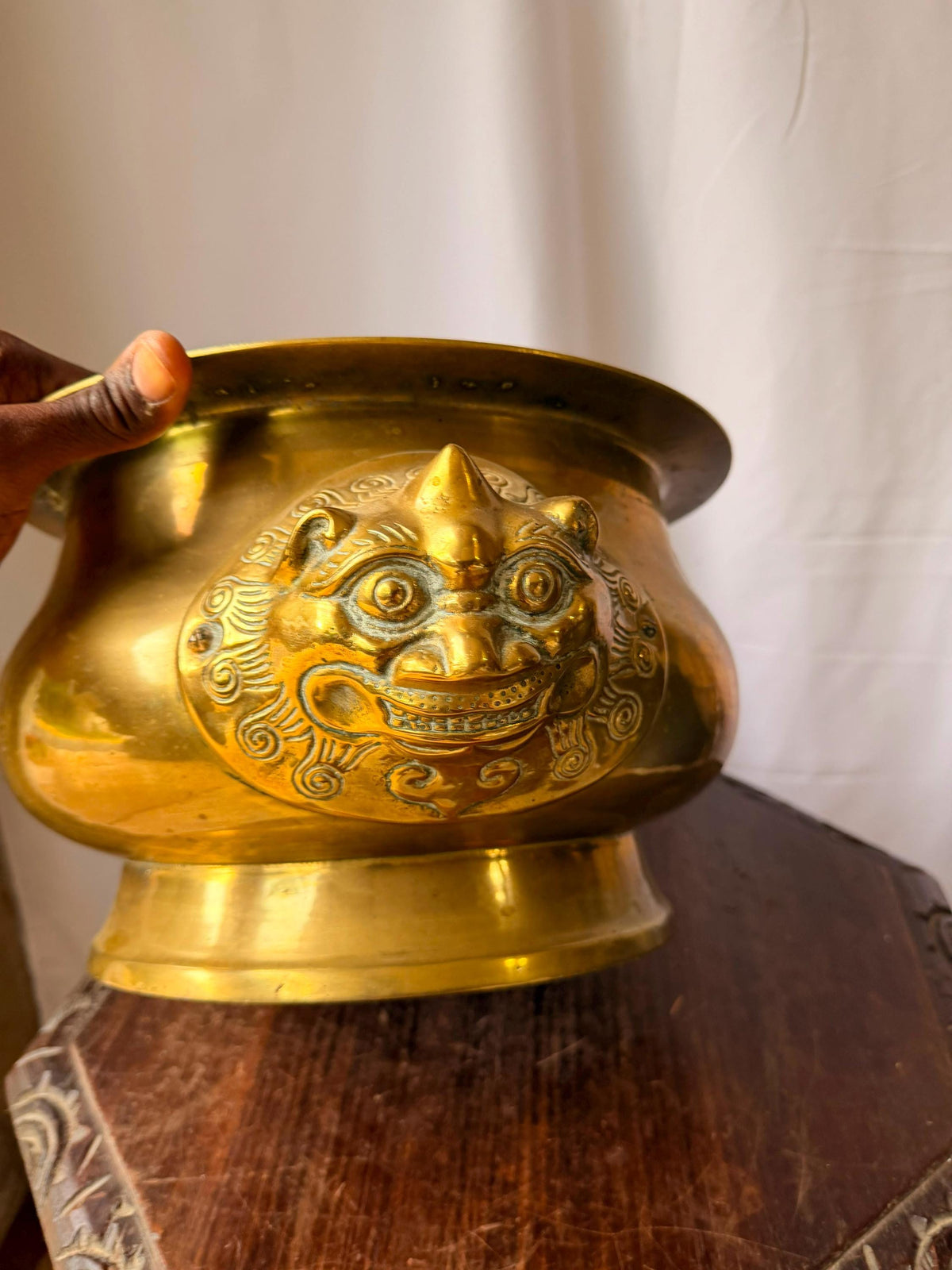 Vintage Cast Brass Beast Mask Censer Basin Large Planter Cachepot 15.5"