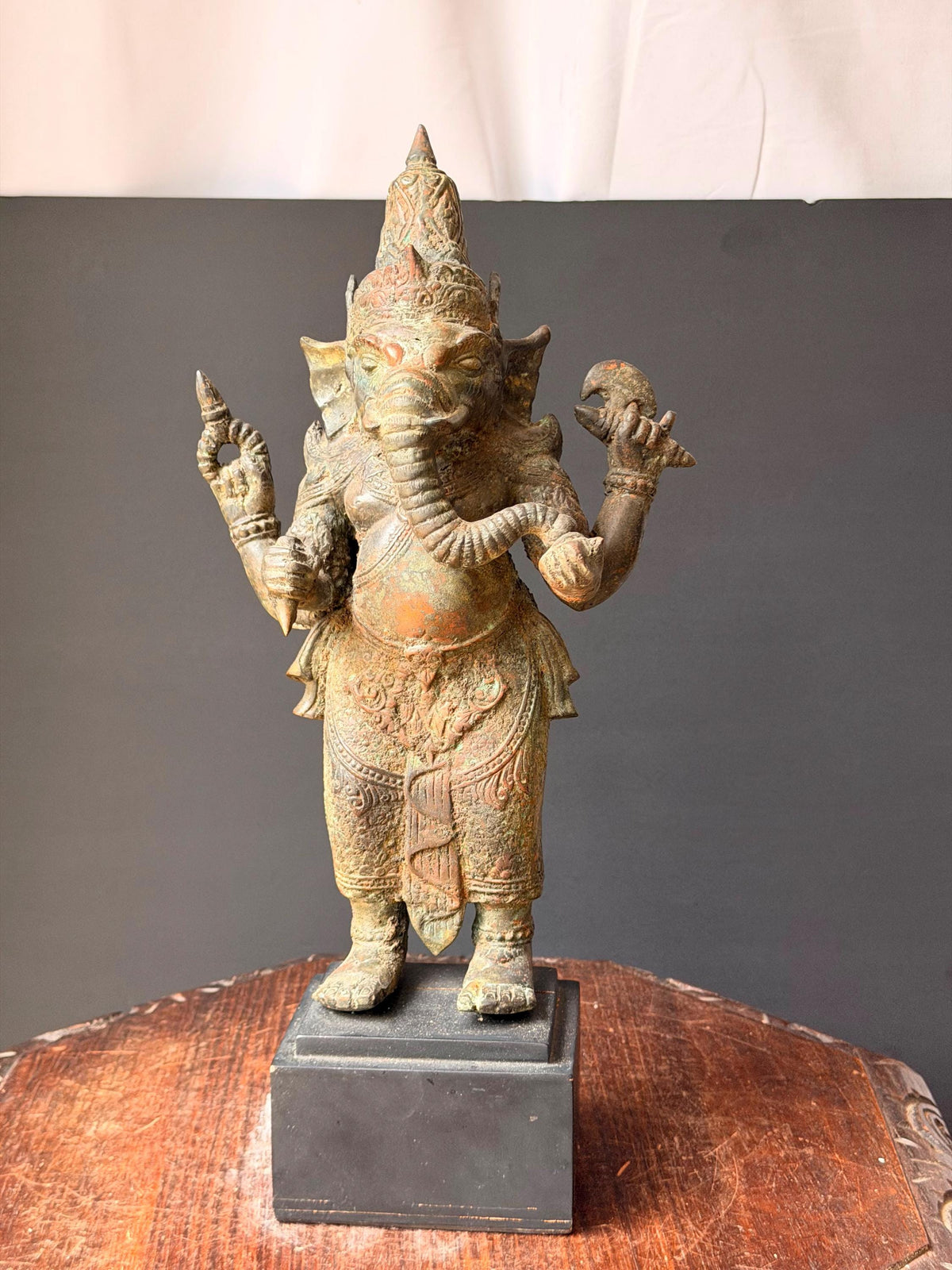 Vintage Cast Bronze Ganesha Statue Standing Four Armed Southeast Asian Deity 14"