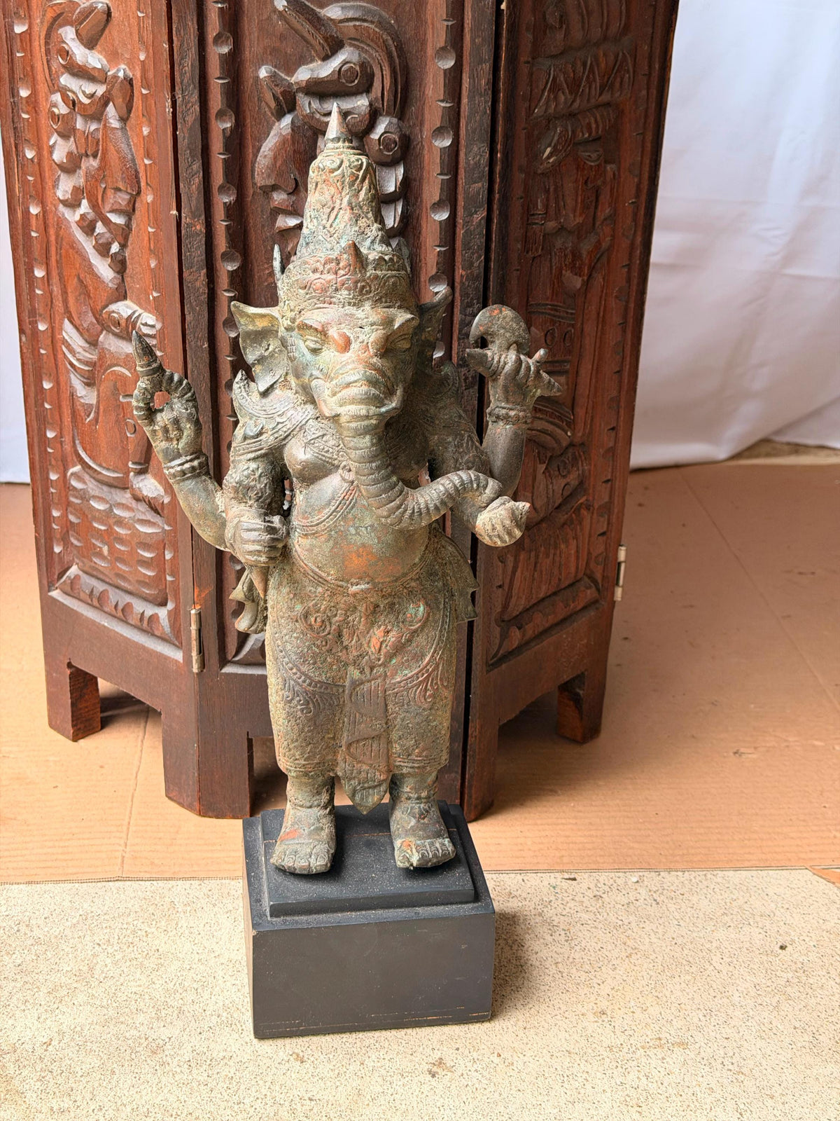 Vintage Cast Bronze Ganesha Statue Standing Four Armed Southeast Asian Deity 14"