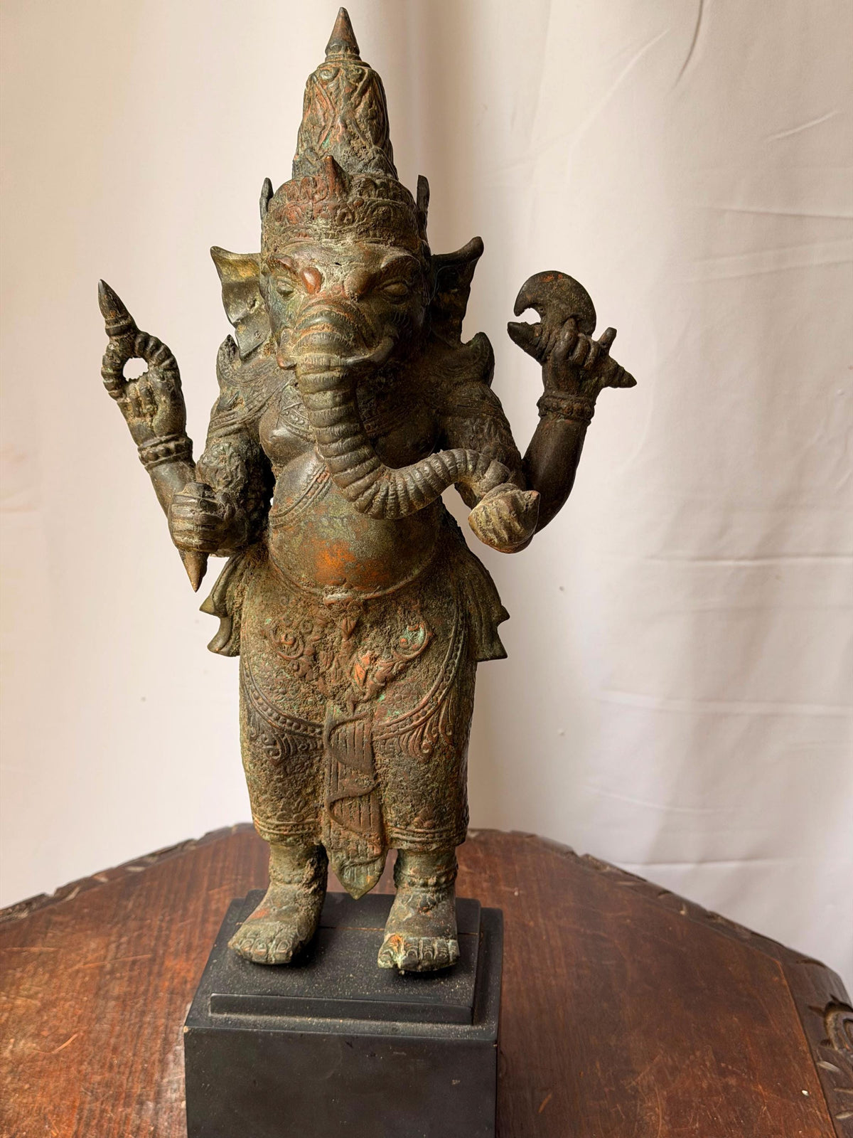Vintage Cast Bronze Ganesha Statue Standing Four Armed Southeast Asian Deity 14"