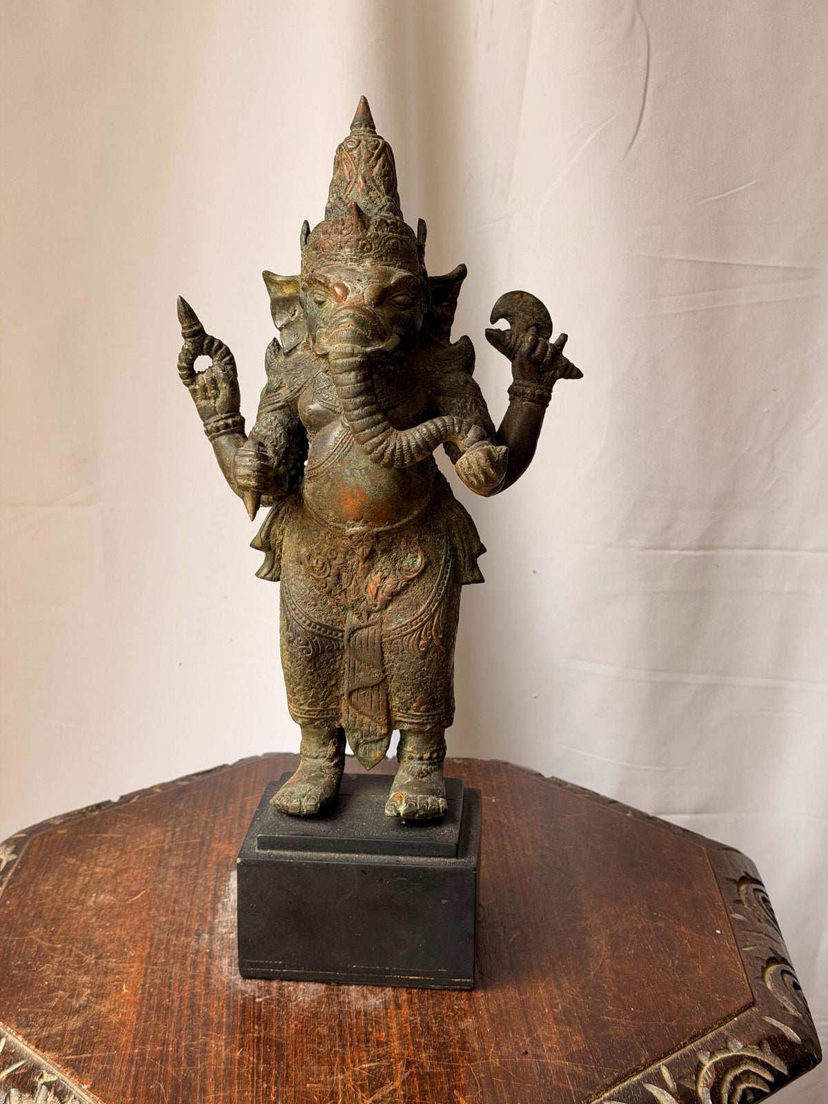 Vintage Cast Bronze Ganesha Statue Standing Four Armed Southeast Asian Deity 14"