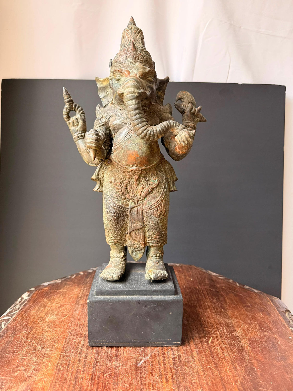 Vintage Cast Bronze Ganesha Statue Standing Four Armed Southeast Asian Deity 14"