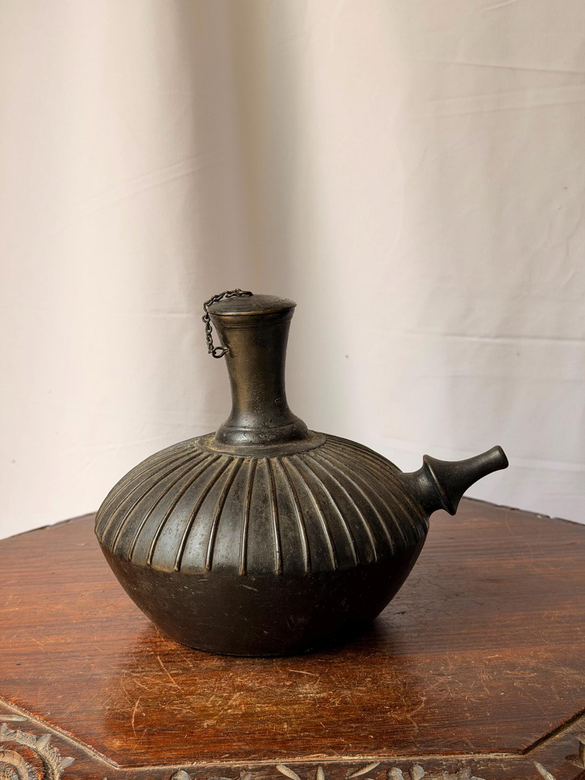 Vintage Ribbed Bronze Kendi Vessel Spouted Ritual Water Pot Chained Cap